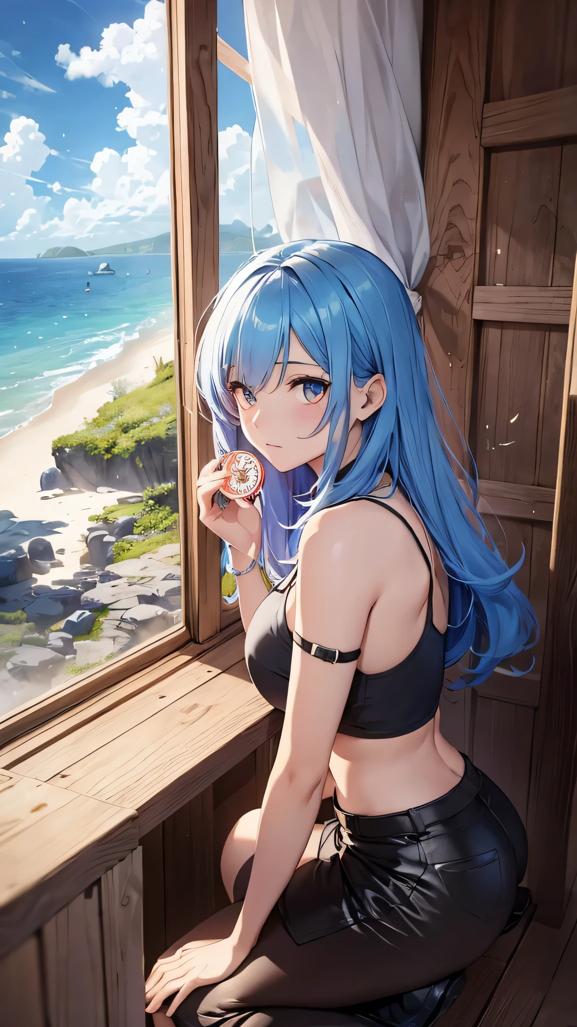 Highest quality、Highest quality、Masterpiece、girl((20-year-old、as soon as、Highest Bust、Medium Bust、Wide open chest、Red glowing eyes、Light Blue Hair、Disheveled Hair、Loincloth、thin、The best valley、Open chest、Full body view、White shorts、Black tank top、boots))、high quality、Beautiful Art、background((Wooden house、Wooden house具、Fan、White Curtains))、Depth((Ocean)),flight、Flying Debris、Depth of text、movie、Visual Arts、Perfect Art、8K、Genuine、Special Angles