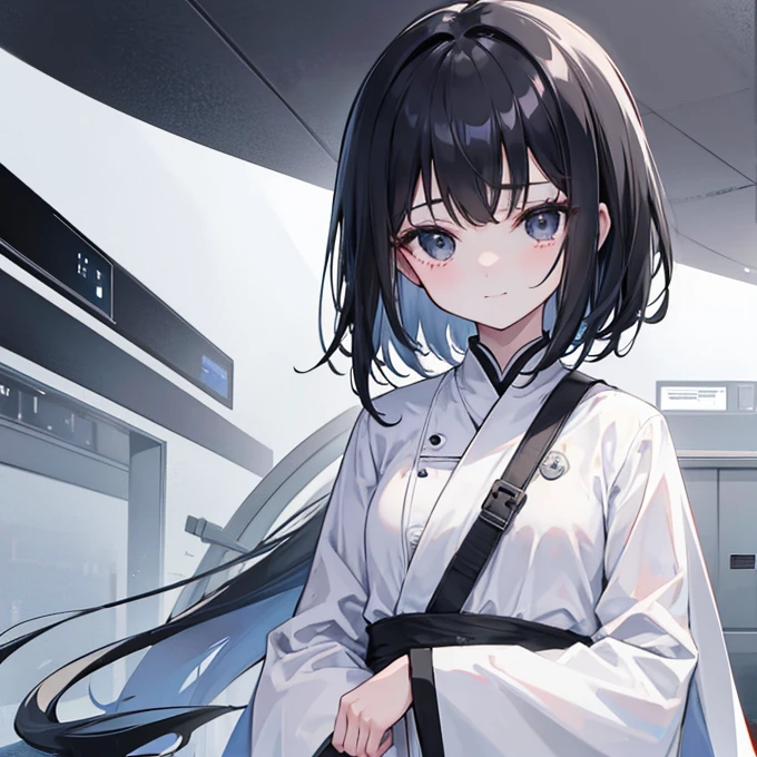 1 Girl,ghostの女の子,Black Hair,Medium Hair,semi-long,Center Parting,Bangs 1:1,White Mesh,white浴衣,funeral attire,White robes,Black Eye,Droopy eyes,smile,neutral,Researcher,Age 13 years old,cool,Uplifting,fog,cool,Fair skin,肌がwhite,Pathological,Monochrome,lack of sleep,Black and White,ghost,soul,white,Small breasts