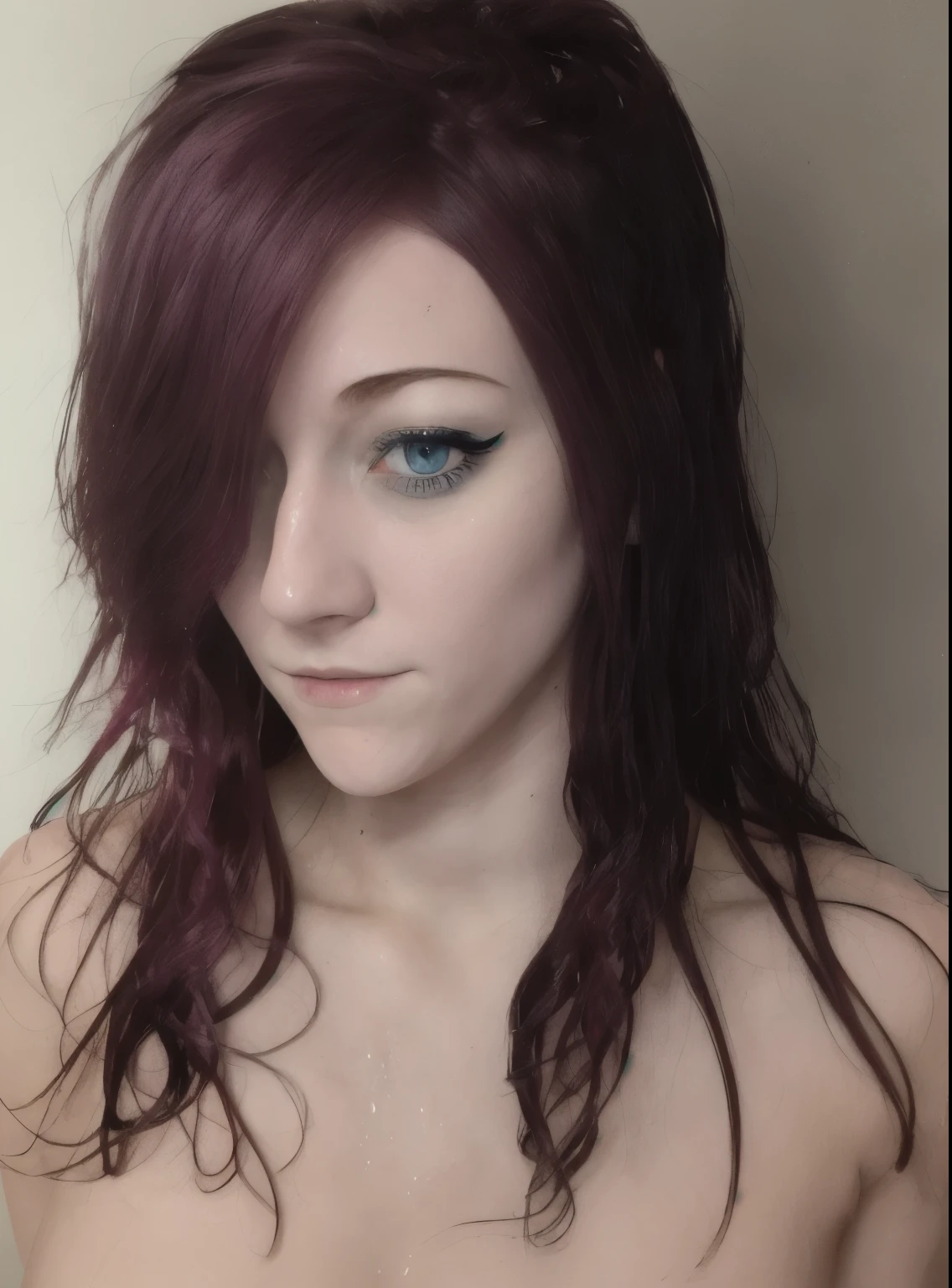 Kruzadar, girl, (((young, small, short, young))), eyeliner, slight makeup. mascara running, wet mascara, portrait, dark red hair, blue eyes, long hair, ahegao, Ecstasy, ecstatic look, nsfw, masturbation, wet between legs, wet pussy