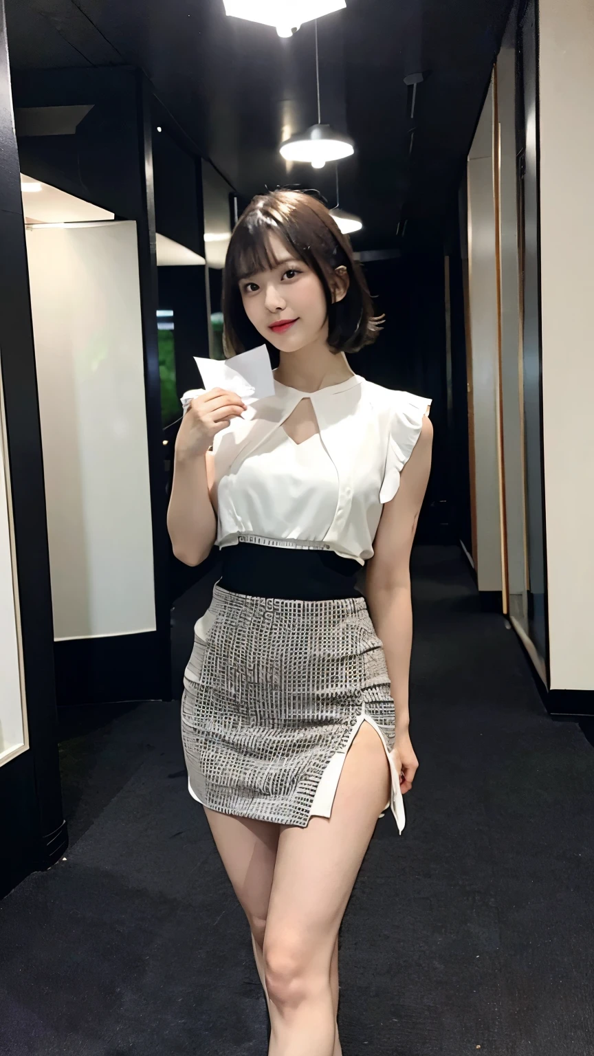 No sleeve,Bob,bangs,indoor,event venue:2.0,companion,woman,Distribute paper,Leaning forward,Standing,Support your waist with your hands,side,,crowd,High heels,Corporate Advertising,Bodycon,Glowing Skin,Tight Skirt:1.5,Very attractive thighs,Attractive legs,,I stuck my butt out,belly button,Underboob,View your viewers,highest quality,Highly detailed photos,Realistic,Luxury Costume,Glossy clothing