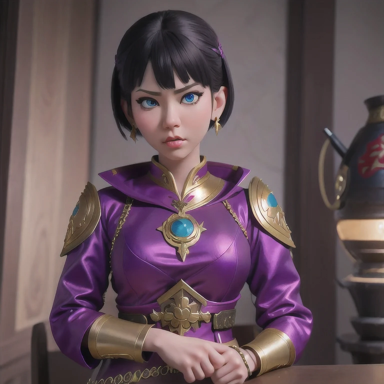 (((Disgusted look)))there is a 18 years old in a purple dress holding a dragon, wlop and ross tran, ross tran 8 k, fantasy art style, chengwei pan on artstation, a beautiful fantasy empress, ross tran and wlop, ruan jia and artgerm, the dragon girl portrait, ig model | artgerm, artgerm and ruan jia，beautiful 1girl bangs blue eyes closed mouth ear piercing earrings grey background hair ornament jewelry lips looking at viewer military military uniform nose piercing portrait realistic short hair simple background solo upper body