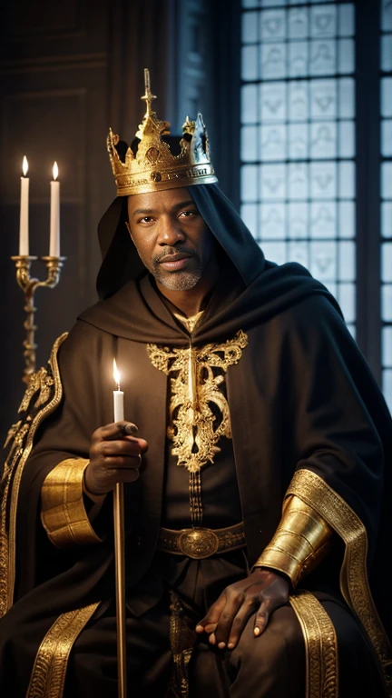  front view, looking at viewer ,Black man ,50 years old, Sit on a throne chair, He hold  right arm candle rod , left arm European sword ,wearing a crown, With the cloak on my back, wearing, gold finger ring, night, candle right, kingdom room,  UHD, accurate, anatomically correct, textured skin, super detail, high details, high quality, best quality,