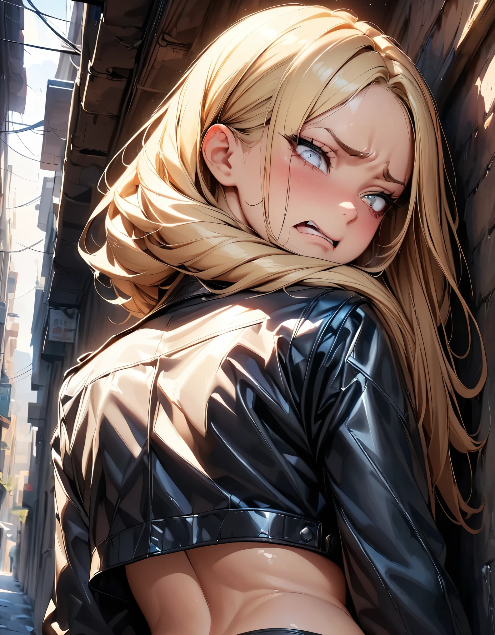 (highest quality:1.2, 4K, 8k, Very detailed, up to date, Vibrant, High detail, masterpiece:1.2, highest quality, Best aesthetics), (((1 girl))), jk, ((Blonde, Shortcuts)), Brown Eyes, Glossy lips, clavicle, Open your mouth, Beautiful Eyes, Long eyelashes, ((Disgust:1.5, Looking down, Three white eyes, Distorted facial expressions, Distorted mouth)), contempt:1.1, (leather jacket, Cropped tops), In the back alley, ((From the back, Face over shoulder:1.4)), Soft lighting,