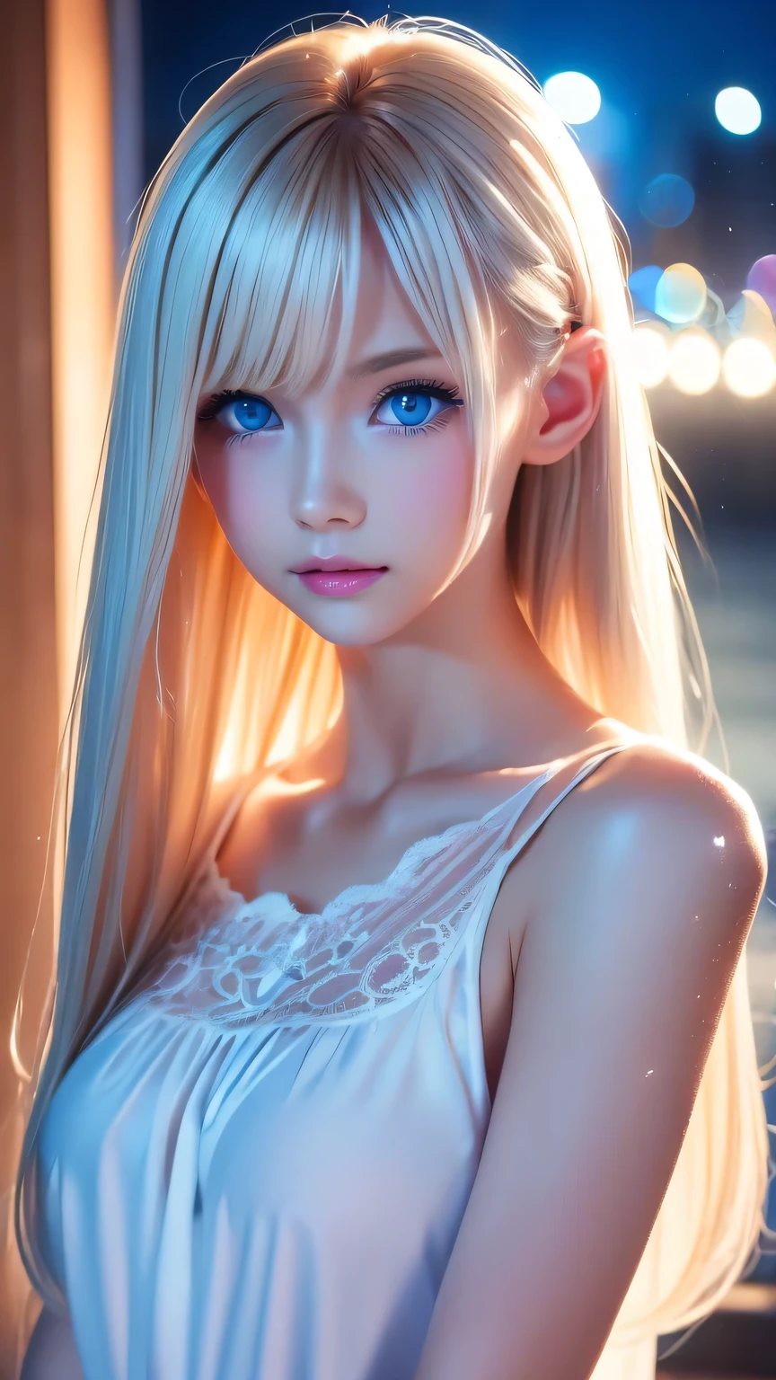 Platinum blonde fine hair、Long Straight Hair、Face and eye bangs、Big blue eyes、Transparent white and wet nightgown、Nordic youth、Perfect body、White Muscle、Shiny skin、Young and beautiful skin、Perfect beautiful little face、Bright makeup、Pale pink lips、Bright expression、1. 16-year-old girl、Buttonless shirt、lipstick、Deceptive advertising、{steams}、Viewer Vision、Golden Hour Lighting、Bokeh Atmosphere Perspective、detailed、Movie Light、Intricate details、High resolution、Detailed features of the face design、detailed、Clear Focus、Smoothness、aesthetics、printing、Octane、masterpiece、{{}}