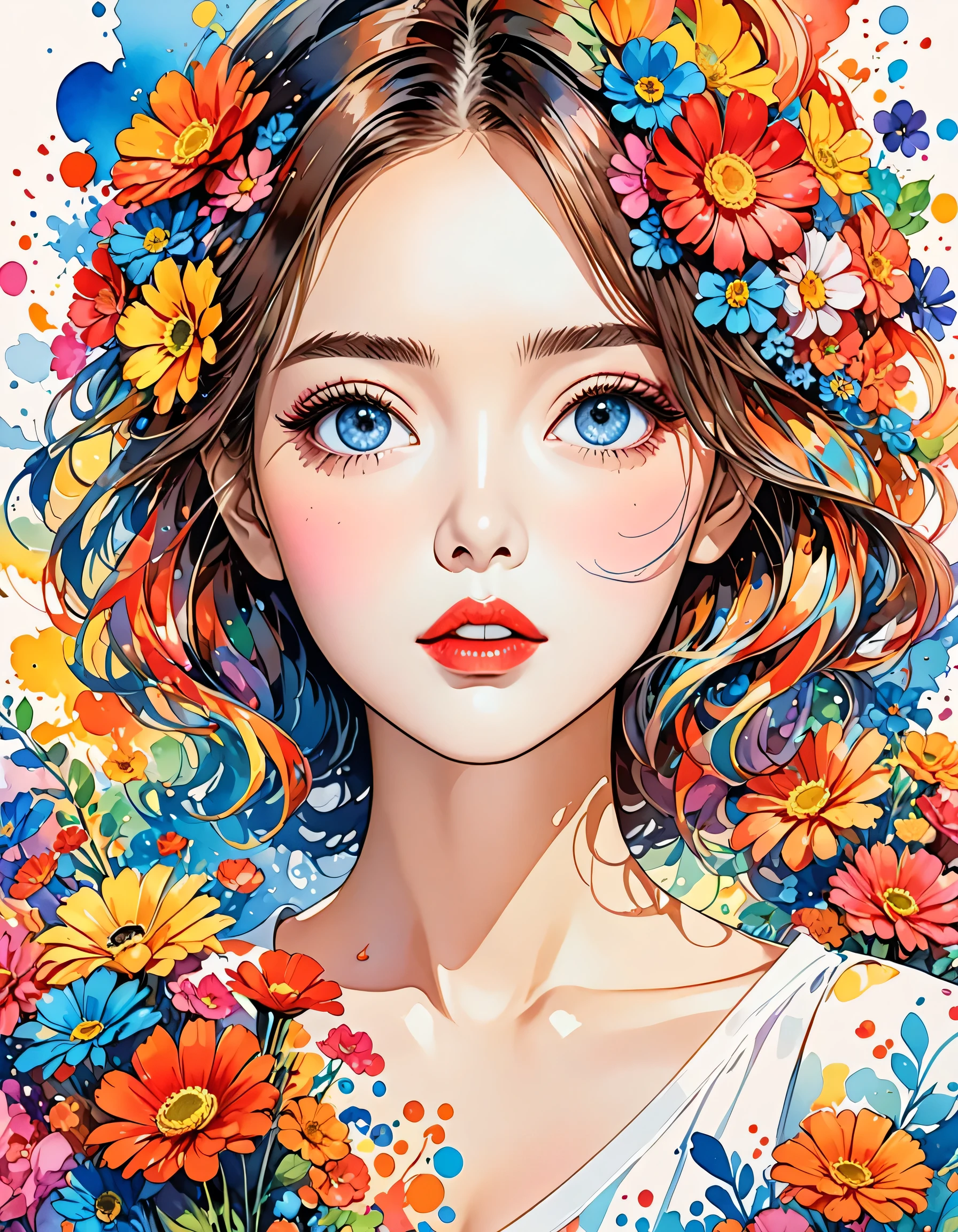 Hayao Miyazaki Style、(((stylish fashion))), 8K Quality、Intense watercolor, Detailed watercolor art, Watercolor splash, Surreal, avant-garde pop art, Beautiful and expressive paintings, Beautiful artwork illustration, Very colorful tones, wonderful, Cool beauty, highest quality、Official Art, Vector art, Stylish design, (((The most beautiful girl))), (((highest quality))), HDR, ((detailed)), (((Doodle Art)), ((masterpiece)), ((Super detailed)), (((Colorful flowers))),(((Stylish))), Lips in love