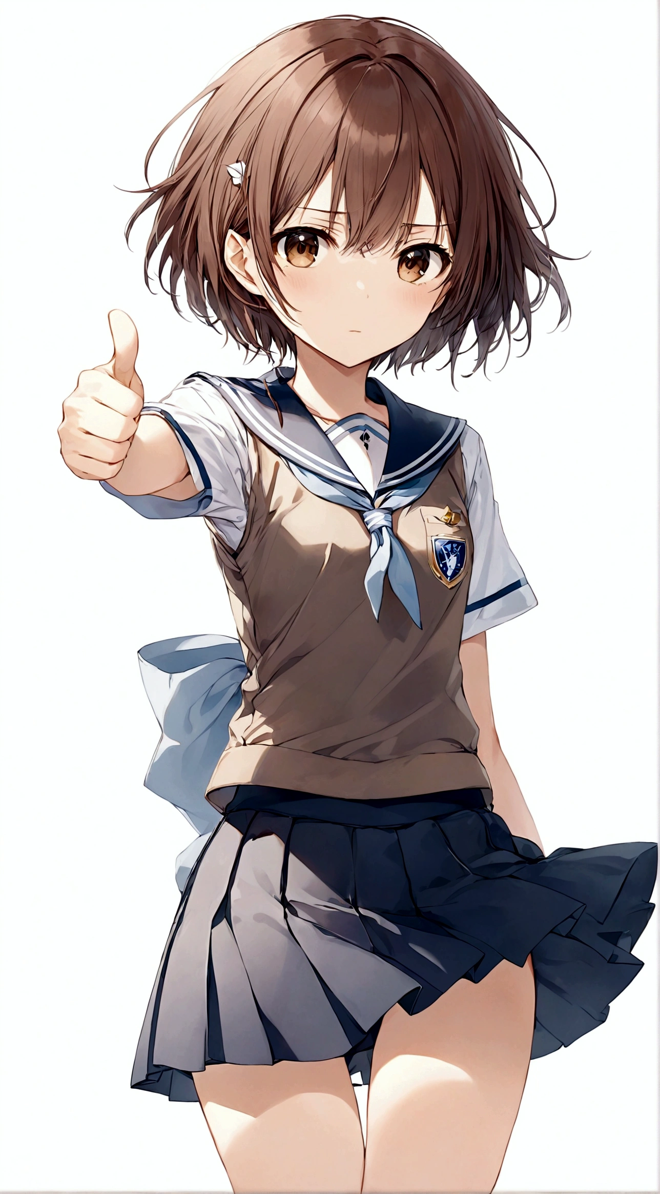 1girl，Brown eyes，Brown hair，One hand thumbs up，One hand on waist，Proud, Disgusted look, misaka mikoto，Uniforms，short hair，shorts，skirt下的shorts，Simple background，skirt，solo，White background