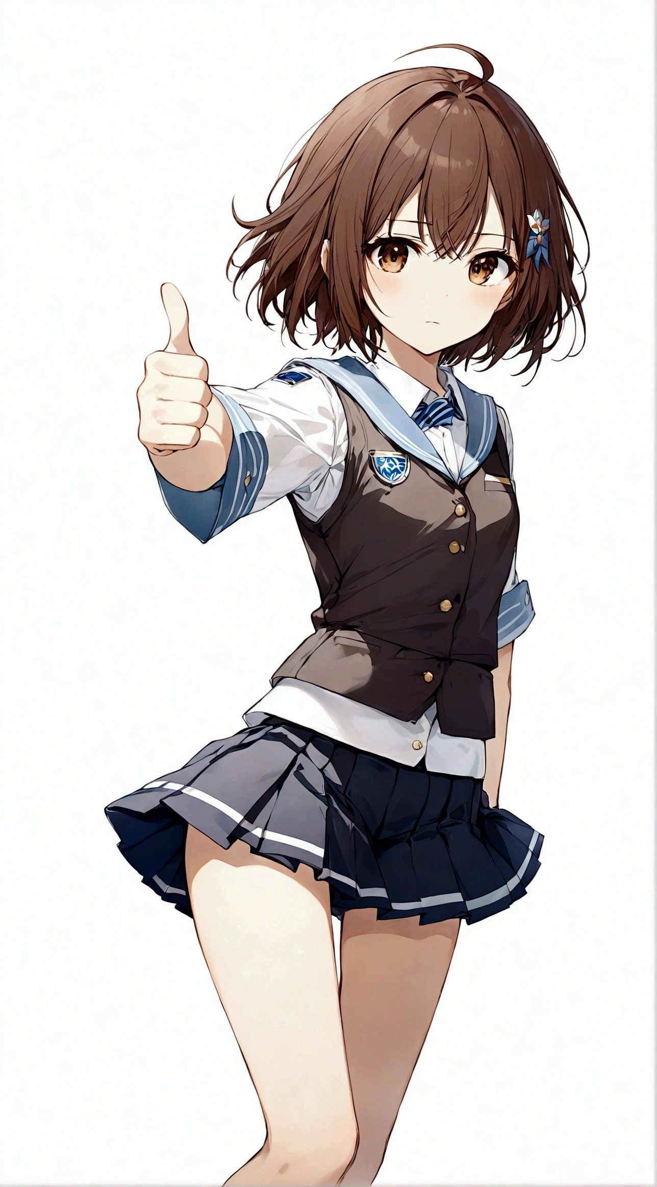 1girl，Brown eyes，Brown hair，One hand thumbs up，One hand on waist，Proud, Disgusted look, misaka mikoto，Uniforms，short hair，shorts，skirt下的shorts，Simple background，skirt，solo，White background
