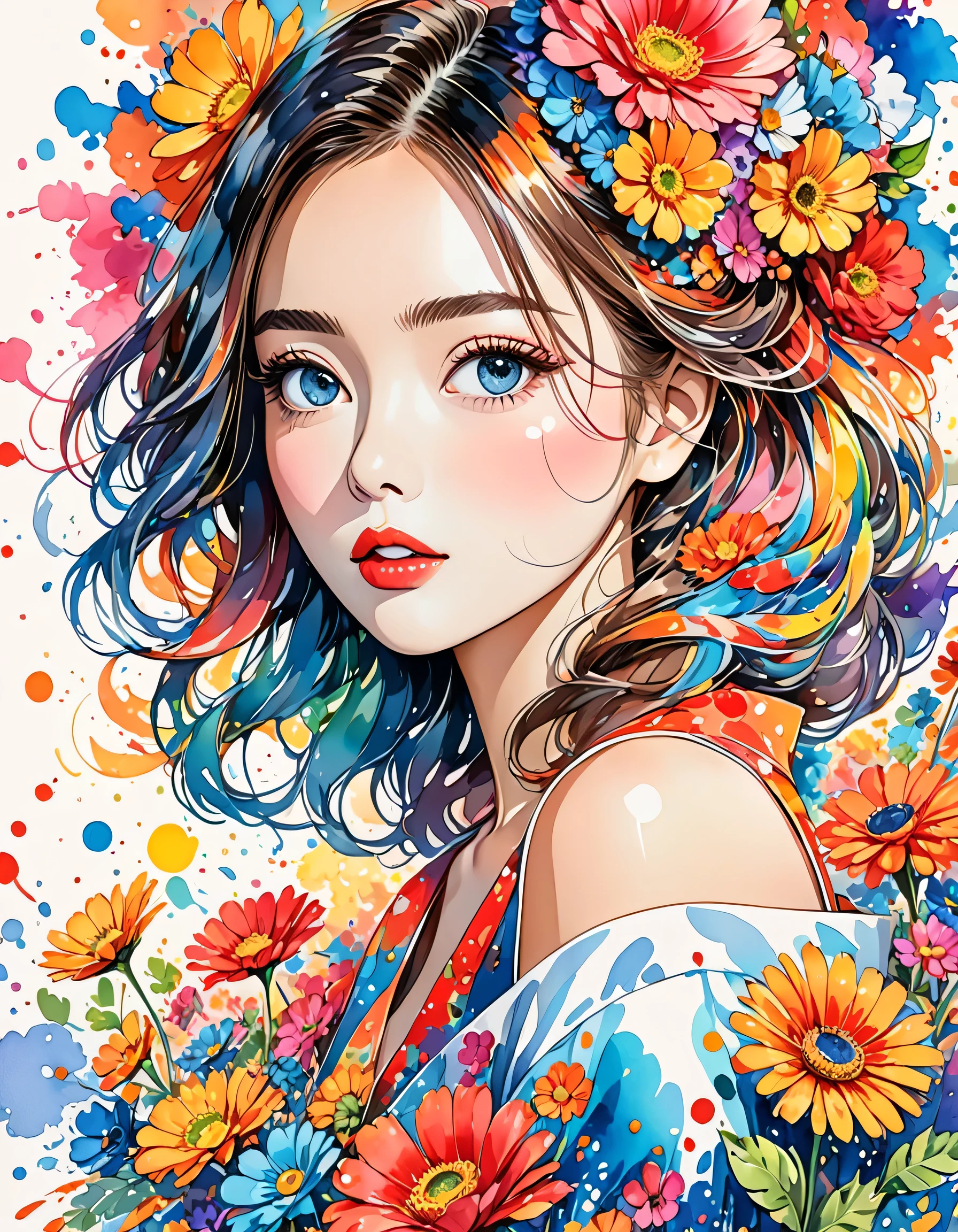 Hayao Miyazaki Style、(((stylish fashion))), 8K Quality、Intense watercolor, Detailed watercolor art, Watercolor splash, Surreal, avant-garde pop art, Beautiful and expressive paintings, Beautiful artwork illustration, Very colorful tones, wonderful, Cool beauty, highest quality、Official Art, Vector art, Stylish design, (((The most beautiful girl))), (((highest quality))), HDR, ((detailed)), (((Doodle Art)), ((masterpiece)), ((Super detailed)), (((Colorful flowers))),(((Stylish))), Lips in love