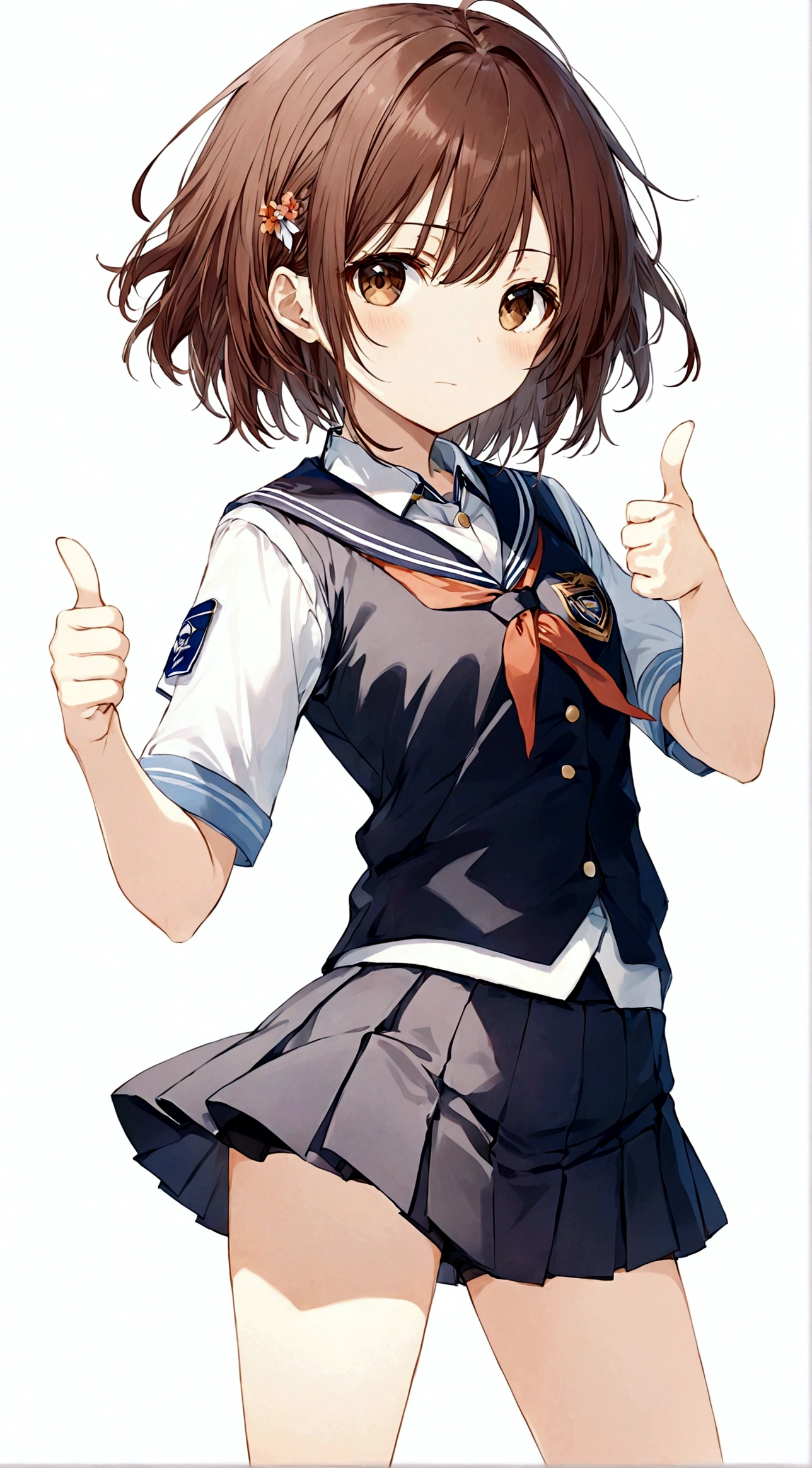 1girl,Brown eyes,Brown hair,One hand thumbs up,One hand on waist,Proud, Disgusted look, misaka mikoto,Uniforms,short hair,shorts,skirt下的shorts,Simple background,skirt,solo