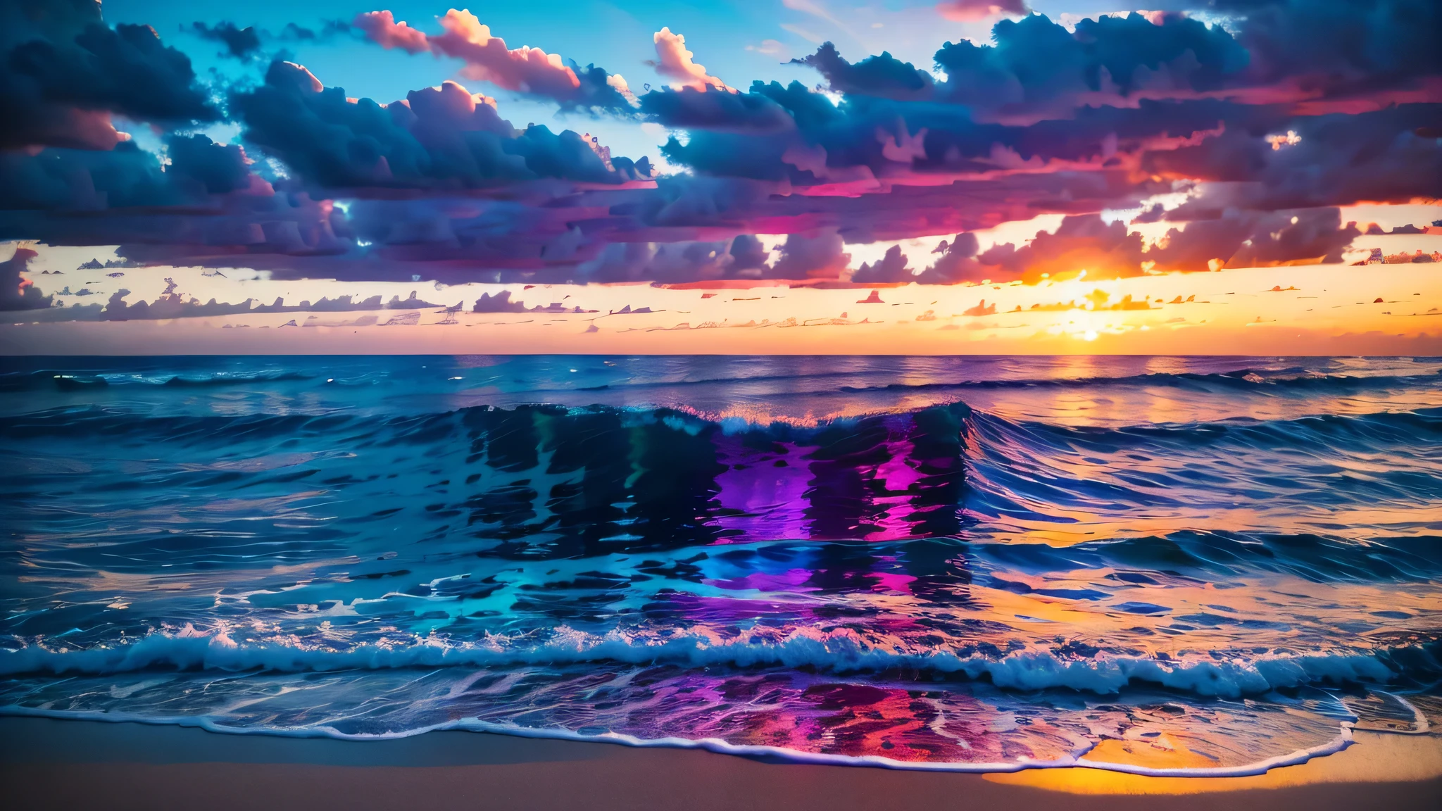 Purple and blue sunset over ocean with waves, Beautiful and vibrant colors, Beautiful colors彩, Stunning colors, Gorgeous colors, Magical colors and atmosphere, Breathtaking colors, Amazing colors, Magical colors and atmosphere, Beautiful colors, vividly Beautiful colors彩, Amazing colors, moody Beautiful colors彩, Dreamy colors, Beautiful colorful, Very vivid colors, Colorful glow, Vibrant moody colors