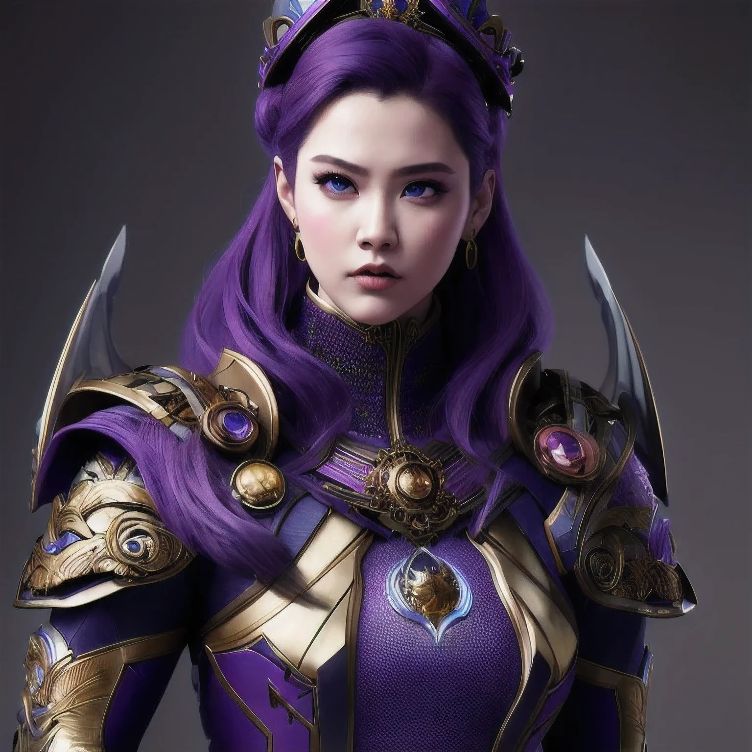 (((Disgusted look)))there is a 18 years old in a purple dress holding a dragon, wlop and ross tran, ross tran 8 k, fantasy art style, chengwei pan on artstation, a beautiful fantasy empress, ross tran and wlop, ruan jia and artgerm, the dragon girl portrait, ig model | artgerm, artgerm and ruan jia，beautiful 1girl bangs blue eyes closed mouth ear piercing earrings grey background hair ornament jewelry lips looking at viewer military military uniform nose piercing portrait realistic short hair simple background solo upper body