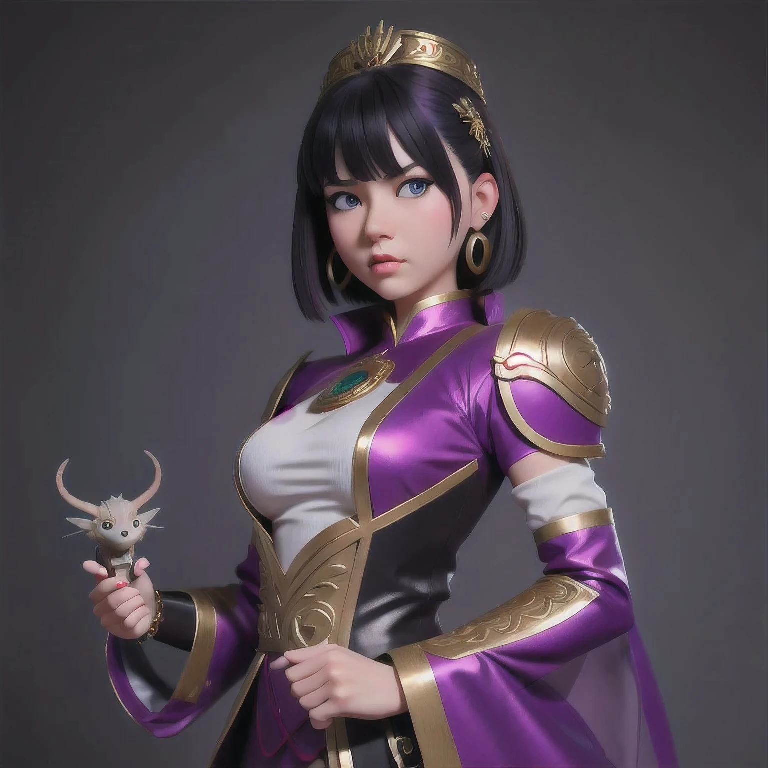 (((Disgusted look)))there is a 18 years old in a purple dress holding a dragon, wlop and ross tran, ross tran 8 k, fantasy art style, chengwei pan on artstation, a beautiful fantasy empress, ross tran and wlop, ruan jia and artgerm, the dragon girl portrait, ig model | artgerm, artgerm and ruan jia，beautiful 1girl bangs blue eyes closed mouth ear piercing earrings grey background hair ornament jewelry lips looking at viewer military military uniform nose piercing portrait realistic short hair simple background solo upper body