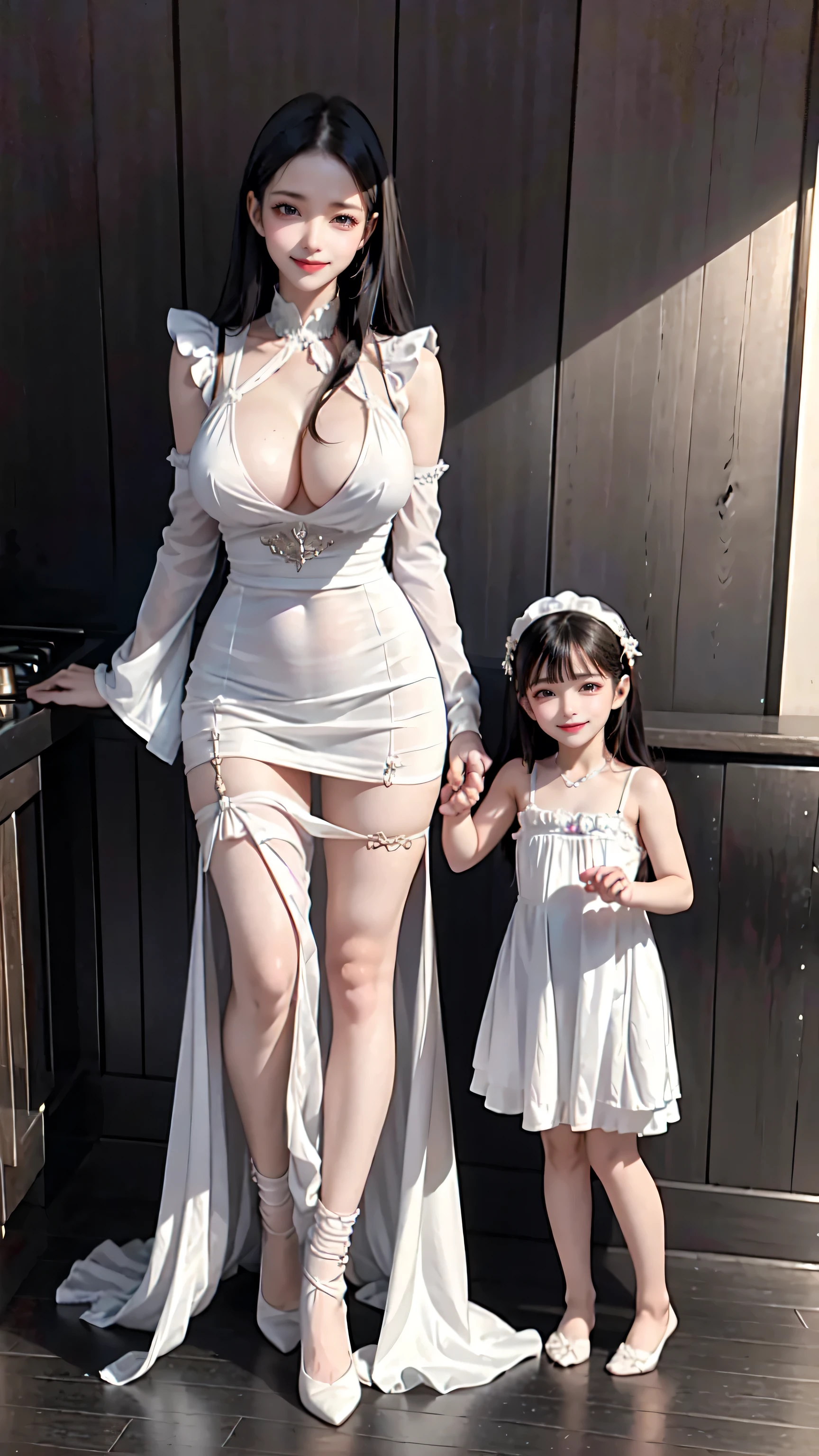 see through clothes(Full body female love:1.3)，best quality, masterpiece, ultra high resolution, (lifelike:1.4), original photo, 1 female,35 years old， black hair, big eyes, Detailed eyes and face,huge breasts，split，long legs，Belted robe open ，bare shoulder，no underwear:1.5,see through clothes，Hollow material white clothes，kitchen:1.3，Smile、sleeveless costume、((Maid clothes))、((She is carrying her  daughter))