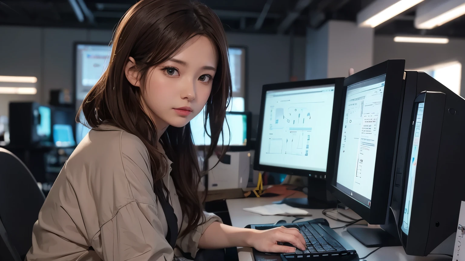 Anime girl sitting at a desk with two computer monitors and a keyboard, Digital anime illustration, detailed Digital anime art, Digital anime art, Smooth anime CG art, advanced Digital anime art, Realistic art style, artstation pixivでトレンド, Digital Advanced Anime Art, IG Studio Anime Style, Digital art on pixiv, Trending on cgstation