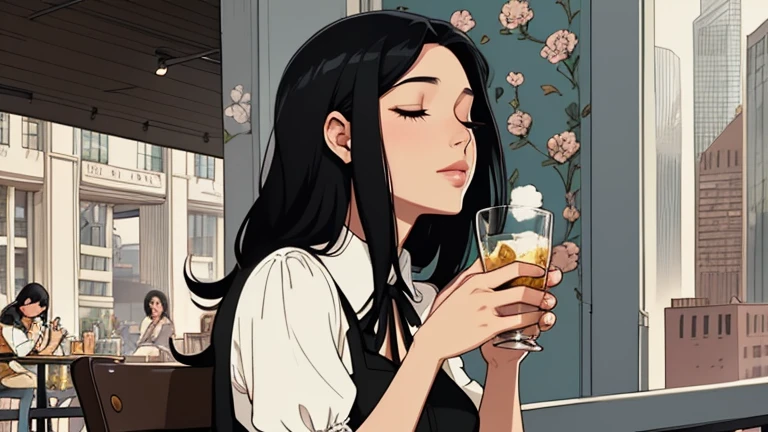 Beautiful woman in her 30s with black hair is sitting on the cafe terrace. Looking down, eyes closed, LOFI girl, alone in the room, blouse, cozy wallpaper, relaxing mood, cozy, only five fingers, Cityscape of skyscrapers