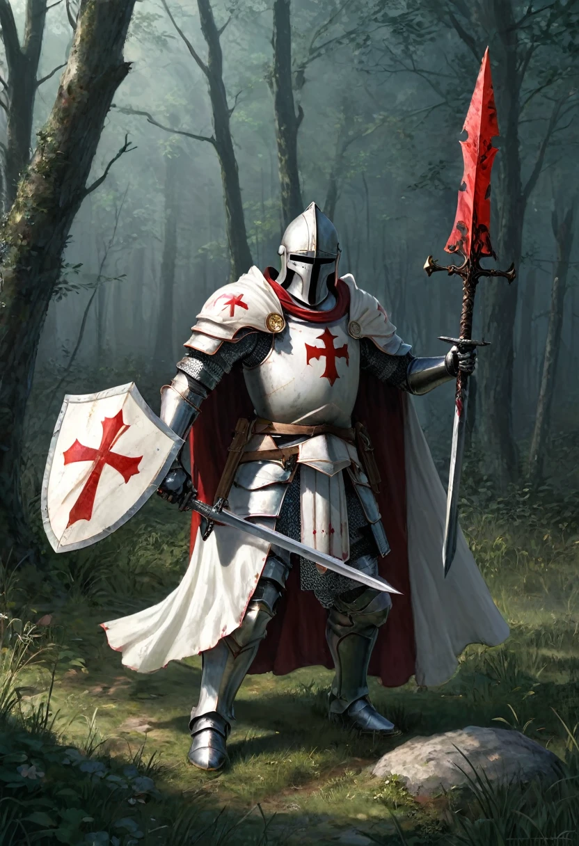 (corpo completo)a Templar knight in armor and a white cloak with the Templar cross in red holding a spear in his right hand and a Templar shield in his left hand, montado num enorme lobo branco com armadura e olhos vermelhos, in a gray forest at twilight , (Intricate details of the machine).imagem fotorrealista,maximum sharpness, Qualidade 8K.(obra-prima de alta qualidade).