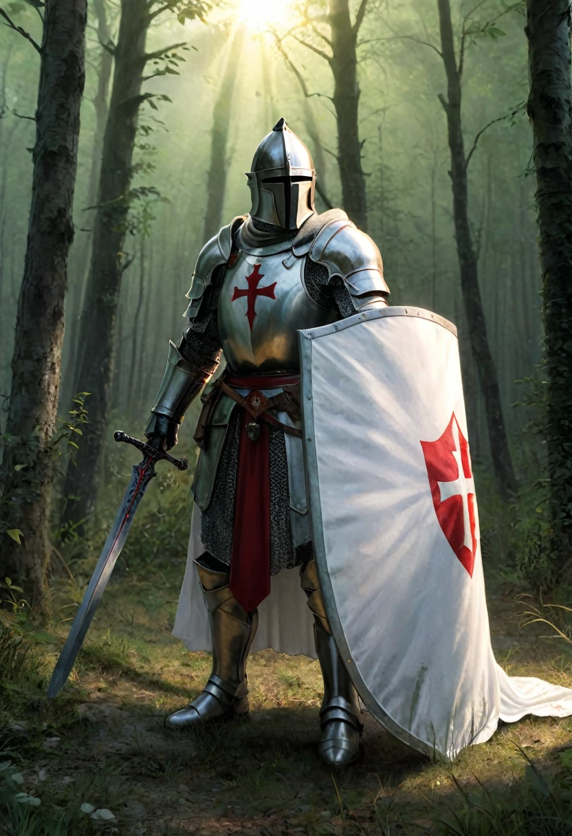 (corpo completo)a Templar knight in armor and a white cloak with the Templar cross in red holding a spear in his right hand and a Templar shield in his left hand, montado num enorme lobo branco com armadura e olhos vermelhos, in a gray forest at twilight , (Intricate details of the machine).imagem fotorrealista,maximum sharpness, Qualidade 8K.(obra-prima de alta qualidade).