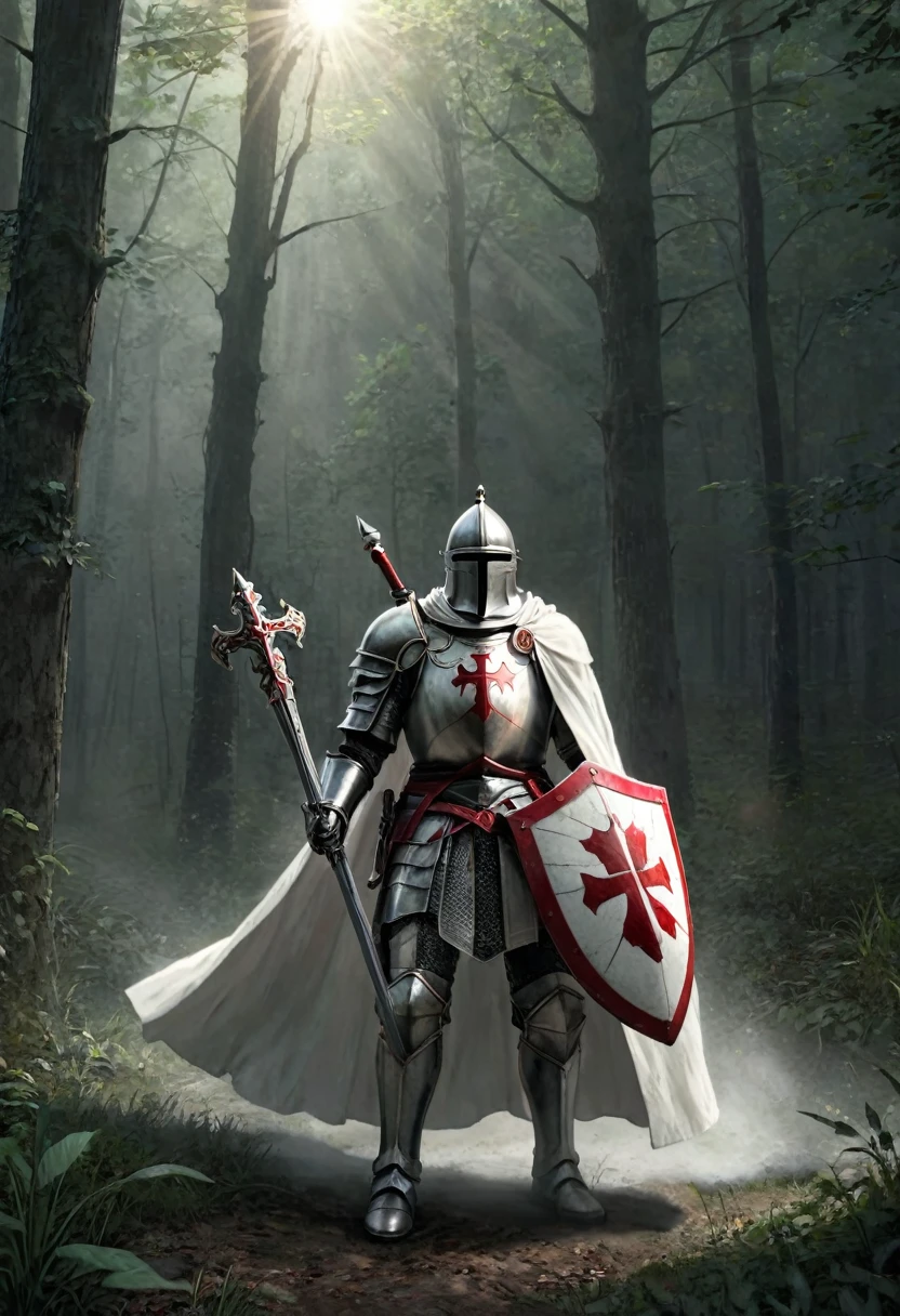 (corpo completo)a Templar knight in armor and a white cloak with the Templar cross in red holding a spear in his right hand and a Templar shield in his left hand, montado num enorme lobo branco com armadura e olhos vermelhos, in a gray forest at twilight , (Intricate details of the machine).imagem fotorrealista,maximum sharpness, Qualidade 8K.(obra-prima de alta qualidade).
