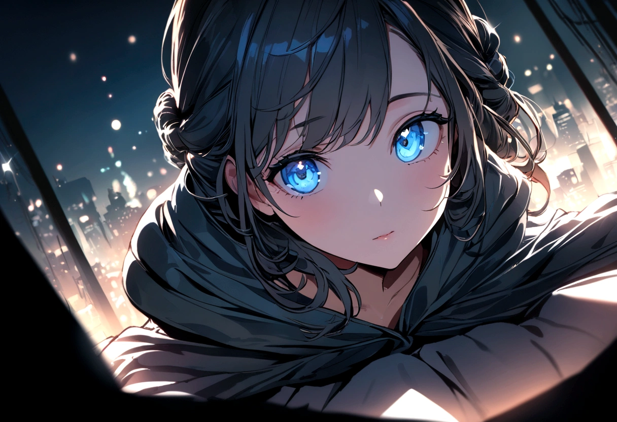 (Masterpiece:1.21), (Best quality:1.331), ((Ultra-detailed)), ((extremely best illustration)), ((Amazing)), (hyper qualit), Gorgeous and rich graphics,(Extremely delicate and beautiful:1.21), 8K, the wallpaper, (extremely beautiful lighting), hard light, Delicate composition, (Perfect positioning), (extremely beautiful and detailed background:1.21), Rembrandt style expression of light and shadow, Dark tone, (low tune, High differential color levels), ((Depth of field)), deepshadow,
Dynamic Angle, **From the front**, Upper body, Radial blur,(City lights, The background is blurred out),(1girll),(Beautiful detailed eyes), Clear blue eyes, Long silver French braided hair, **No raincoat**, **No wet clothes**, **No wet skin**, **No wet hair**,Lens flare, String Light, street,, Masterpiece, Best quality,