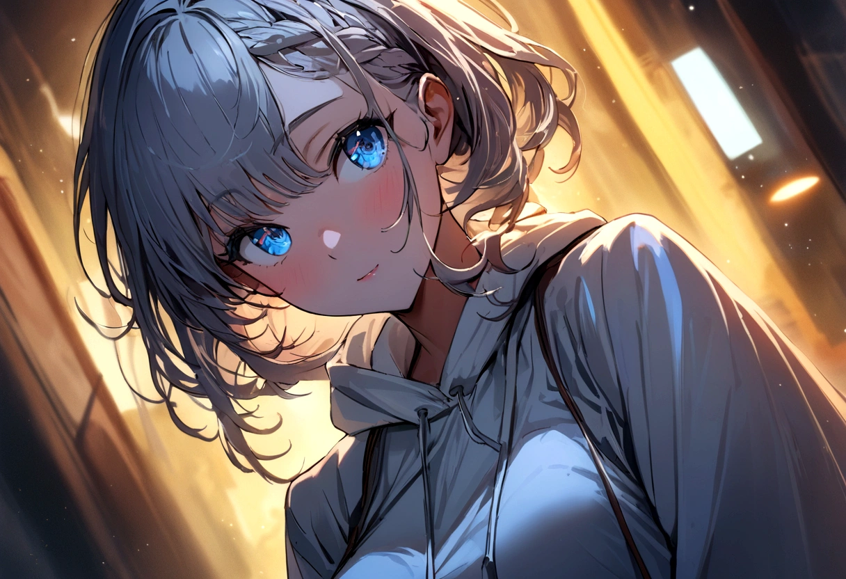 (Masterpiece:1.21), (Best quality:1.331), ((Ultra-detailed)), ((extremely best illustration)), ((Amazing)), (hyper qualit), Gorgeous and rich graphics,(Extremely delicate and beautiful:1.21), 8K, the wallpaper, (extremely beautiful lighting), hard light, Delicate composition, (Perfect positioning), (extremely beautiful and detailed background:1.21), Rembrandt style expression of light and shadow, Dark tone, (low tune, High differential color levels), ((Depth of field)), deepshadow,
Dynamic Angle, **From the front**, Upper body, Radial blur,(City lights, The background is blurred out),(1girll),(Beautiful detailed eyes), Clear blue eyes, Long silver French braided hair, **No raincoat**, **No wet clothes**, **No wet skin**, **No wet hair**,Lens flare, String Light, street,, Masterpiece, Best quality,