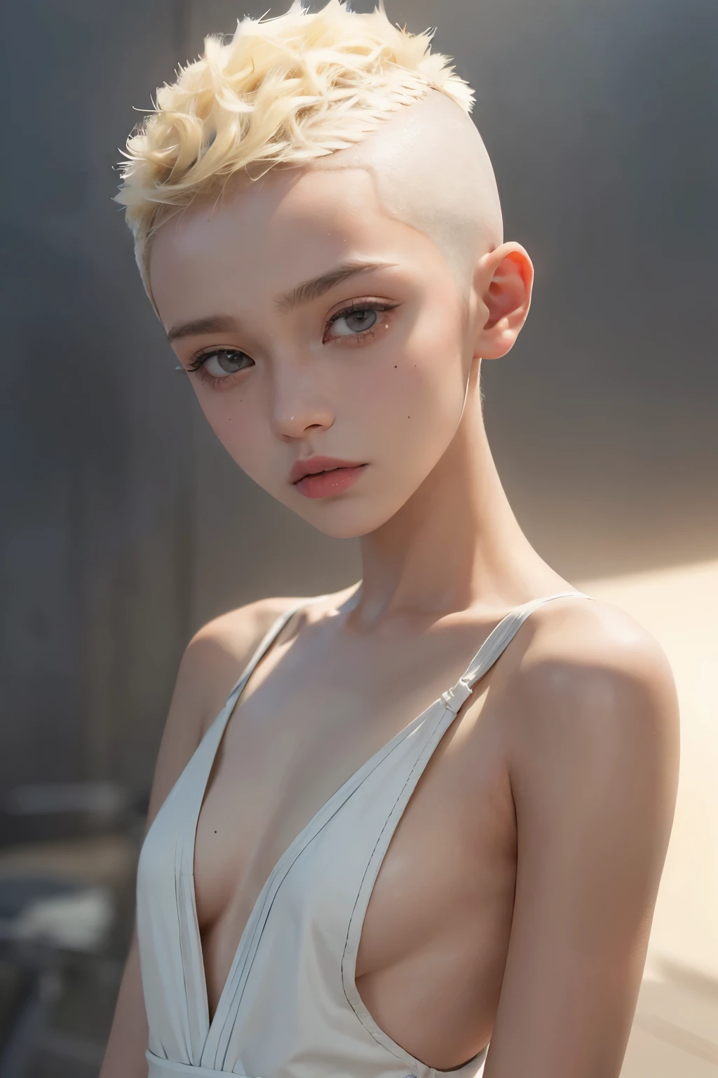 a  woman, blonde, head shaved on one side, runners body, small breasts,(hi-top fade:1.3), sunset, soothing tones, muted colors, high contrast, (natural skin texture, hyperrealism, soft light, sharp)