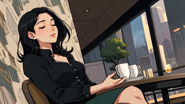 Beautiful woman in her 30s with black hair is sitting on the cafe terrace. Looking down, eyes closed, LOFI girl, alone in the room, blouse, cozy wallpaper, relaxing mood, cozy, only five fingers, Cityscape of skyscrapers