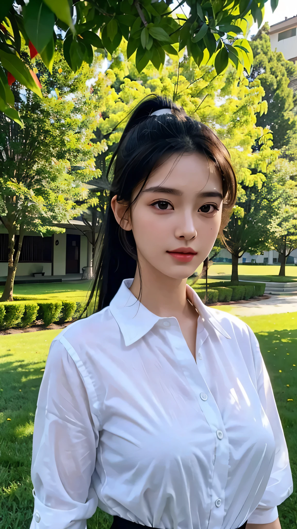 Black Bra、White collared shirt,jeans,outdoors,Urban Park,On the lawn,One woman,close up face,fully body photo,masutepiece, The highest image quality, High quality, the background is clear，Beautiful woman, Japanese, Detailed, Ultra-detailed, finely detail, hight resolution, 8K Wallpaper, Perfect dynamic composition, Beautiful detailed eyes ,Detailed eyes, Detailed skin, Beautiful skin, 超hight resolution, (reality: 1.4),Very beautiful woman, Slightly younger face, Beautiful skin, slender, (Ultra photo realsisim), (hight resolution), (8K), (Very detailed) (beautifully detailed eyes), (super detailed),   (Detailed face), view the viewer, Fine details, Detailed face, Staring straight ahead, Staring straight ahead, photos realistic, Bright lighting, Professional Lighting, Black hair,poneyTail,a baby face,sixteen years old,Hairstyle: ponytail,Long ponytail hairstyle,slight smile,