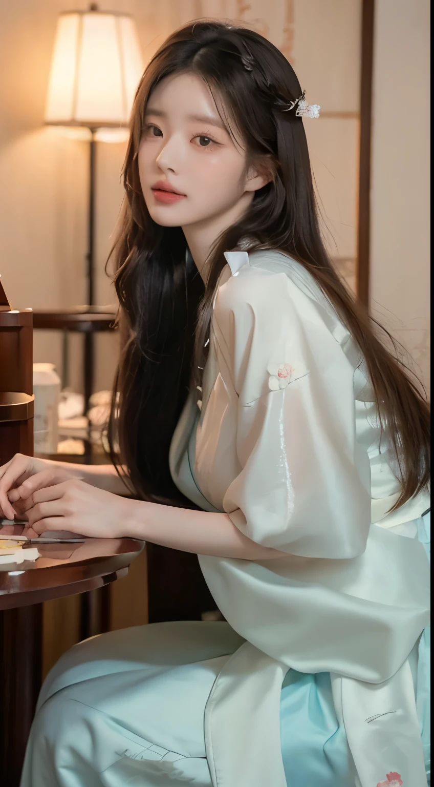 slim body , 167cm ，Movie Angle，（Cute girls，anatomy correct，full bodyesbian，Masterpiece camellia，Masterpiece elegant Hanfu），（ art，Quilted art，geomerty），（plethora of colorest quality，high detal，tmasterpiece，Cinematic lighting effects，4K，Chiaroscuro）