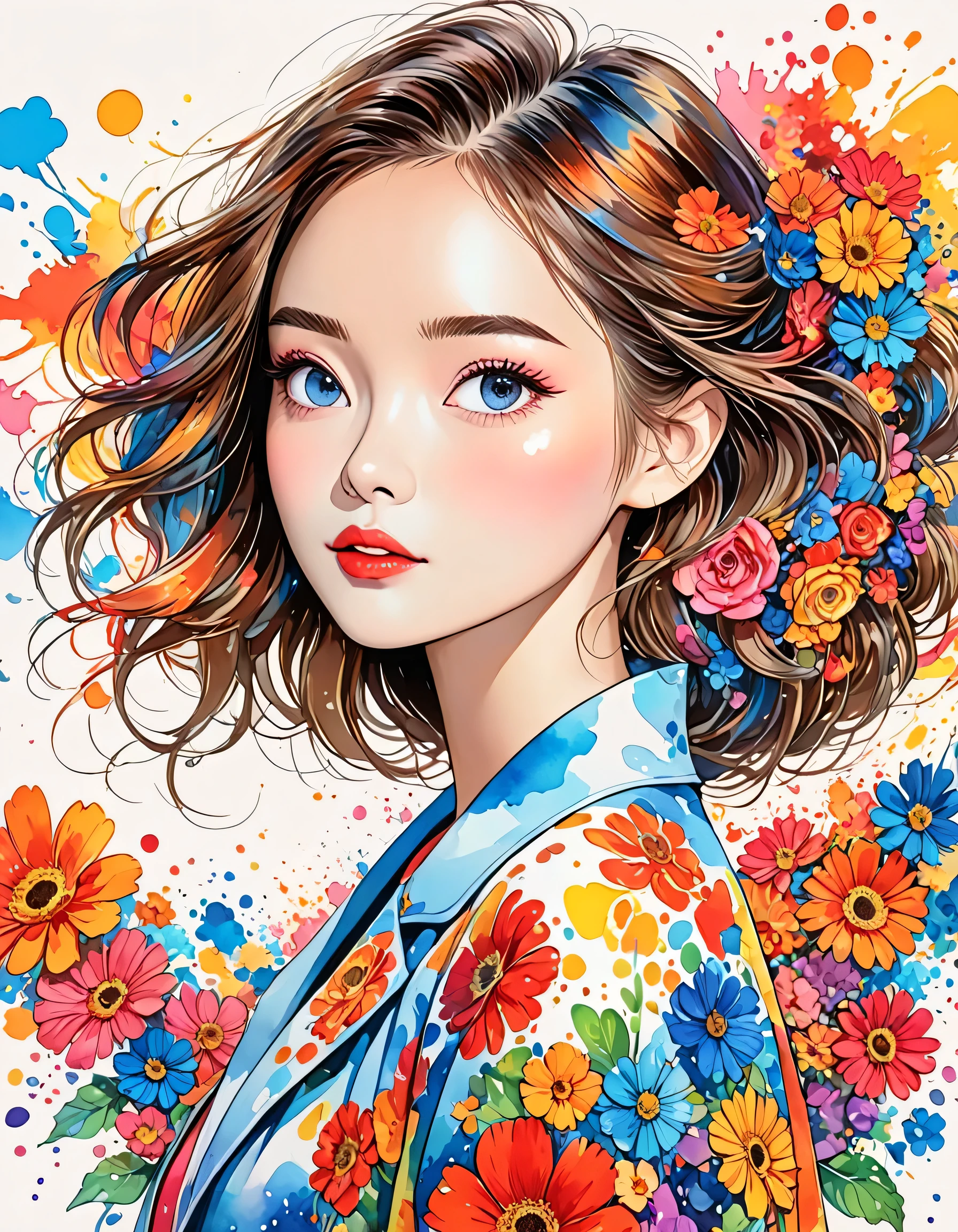 Hayao Miyazaki Style、(((stylish fashion))), 8K Quality、Intense watercolor, Detailed watercolor art, Watercolor splash, Surreal, avant-garde pop art, Beautiful and expressive paintings, Beautiful artwork illustration, Very colorful tones, wonderful, Cool beauty, highest quality、Official Art, Vector art, Stylish design, (((The most beautiful girl))), (((highest quality))), HDR, ((detailed)), (((Doodle Art)), ((masterpiece)), ((Super detailed)), (((Colorful flowers))),(((Stylish))), Lips in love