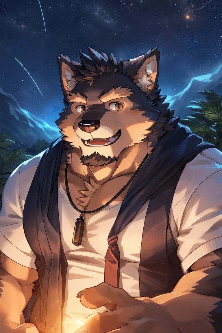 human nature, cannon, male, Solitary, ((Round Face, Handsome,Orange eyes,A small amount of black beard)), ((Endomorph, Handsome,Handsome的)), (Leisure装,White sportswear), ((domestic 狼,Wolf Orc), (At the training ground), Bokeh, (high quality, high resolution, Masterpiece 1.2), (Office lighting, Natural fill light,Rich colors), (Generous smile,full,Leisure), (Face focus), Full body picture (close up), cartoon, author:Takemoto Arashi, by zixiong, By Chunni, author:Empty Ghost,(background:Mountain jungle stream 1.5),,Glow,evening,Starry Sky,Auspicious Clouds,background丰富详细