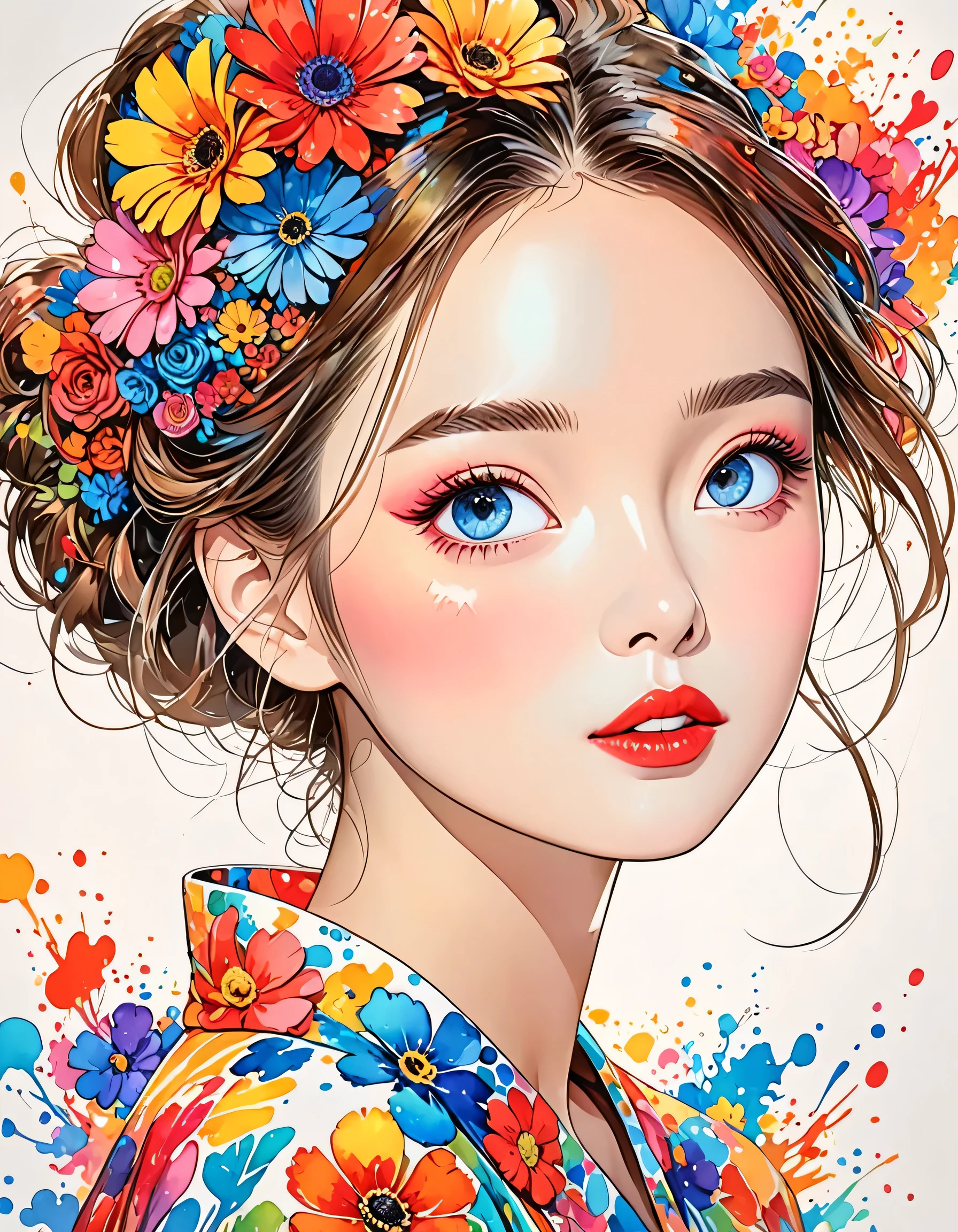 Hayao Miyazaki Style、(((stylish fashion))), 8K Quality、Intense watercolor, Detailed watercolor art, Watercolor splash, Surreal, avant-garde pop art, Beautiful and expressive paintings, Beautiful artwork illustration, Very colorful tones, wonderful, Cool beauty, highest quality、Official Art, Vector art, Stylish design, (((The most beautiful girl))), (((highest quality))), HDR, ((detailed)), (((Doodle Art)), ((masterpiece)), ((Super detailed)), (((Colorful flowers))),(((Stylish))), Lips in love
