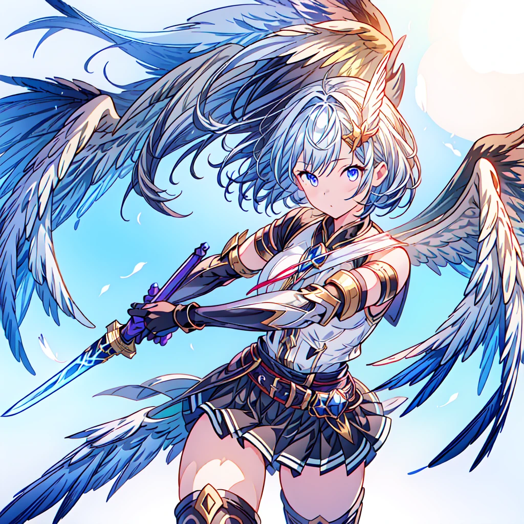 Dynamic composition、(((One girl))),One girl, alone, Milky white short hair, Magic wand, wing, Black background, sword, Knee socks, Holding, skirt, hair ornaments, gloves, boots, feathered wing, Holding 武器, feather, Two-Way, black skirt, blue eyes, black gloves, Milky hair, whole body, belt, Exposing shoulders, thigh boots, Holding sword, elbow gloves, Gauntlet, [(White Background:1.5),::5] (Isoscale:1.0), Double Exposure, bubble,
Mid Shot, whole body,masterpiece, highest quality,(colorful),(Beautifully detailed eyes and face),Cinema Lighting,Highly detailed CG Unity 8k wallpaper、Super huge、whole body、