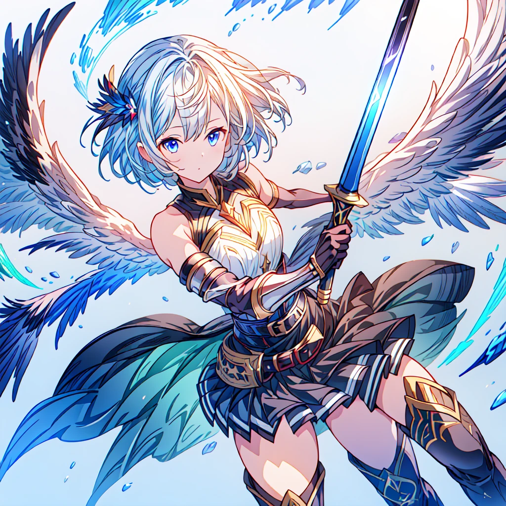 Dynamic composition、(((One girl))),One girl, alone, Milky white short hair, Magic wand, wing, Black background, sword, Knee socks, Holding, skirt, hair ornaments, gloves, boots, feathered wing, Holding 武器, feather, Two-Way, black skirt, blue eyes, black gloves, Milky hair, whole body, belt, Exposing shoulders, thigh boots, Holding sword, elbow gloves, Gauntlet, [(White Background:1.5),::5] (Isoscale:1.0), Double Exposure, bubble,
Mid Shot, whole body,masterpiece, highest quality,(colorful),(Beautifully detailed eyes and face),Cinema Lighting,Highly detailed CG Unity 8k wallpaper、Super huge、whole body、