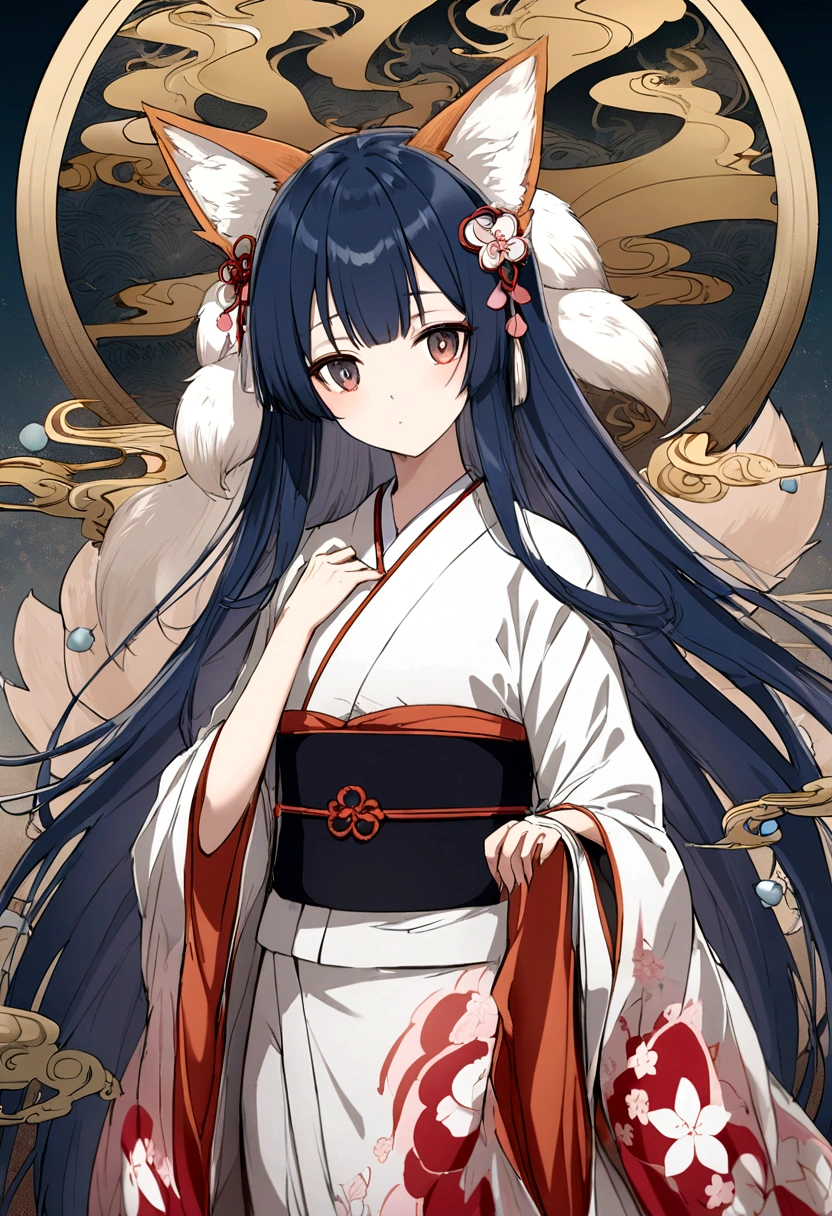 A fox spirit that transformed into a human。The nine tails are faintly visible.、It's anime-style。With long, flowing, beautiful hair、Wearing a traditional kimono of Japan、It has a mysterious and fascinating look