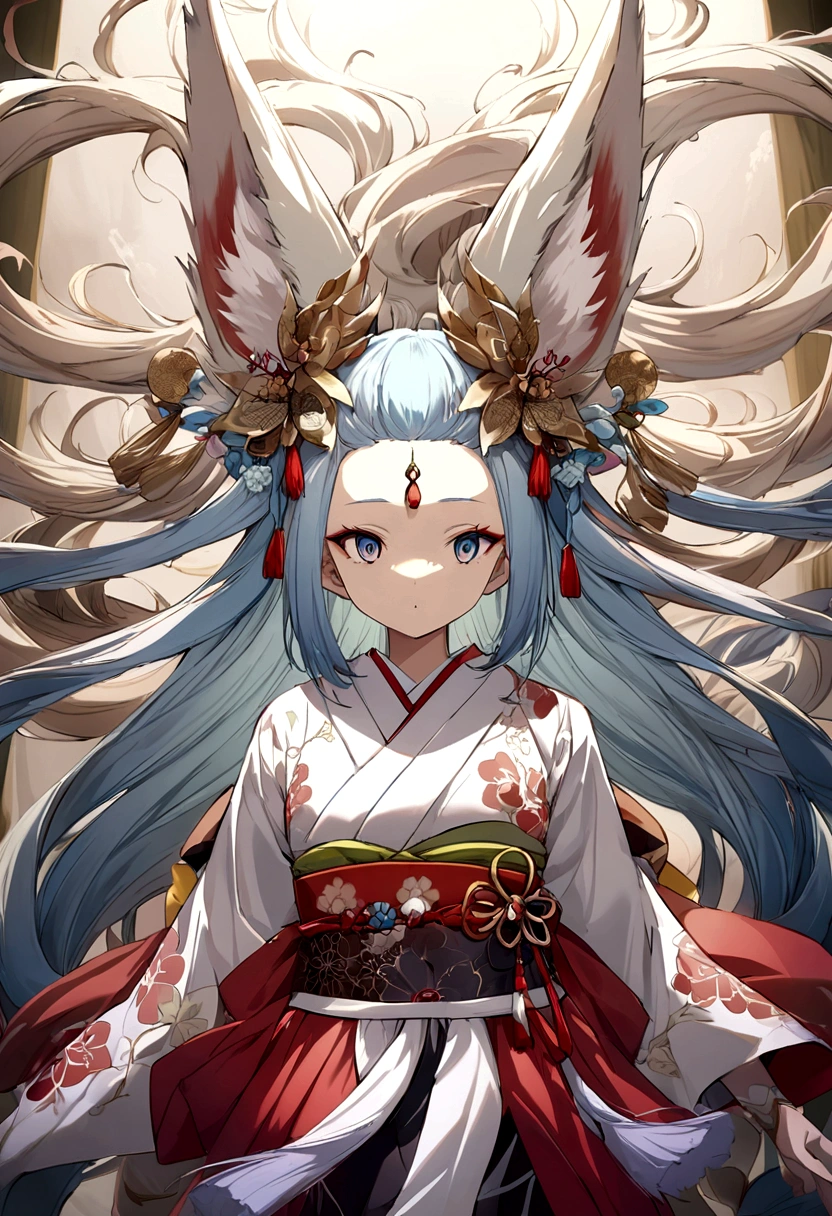 A fox spirit that transformed into a human。The nine tails are faintly visible.、It's anime-style。With long, flowing, beautiful hair、Wearing a traditional kimono of Japan、It has a mysterious and fascinating look