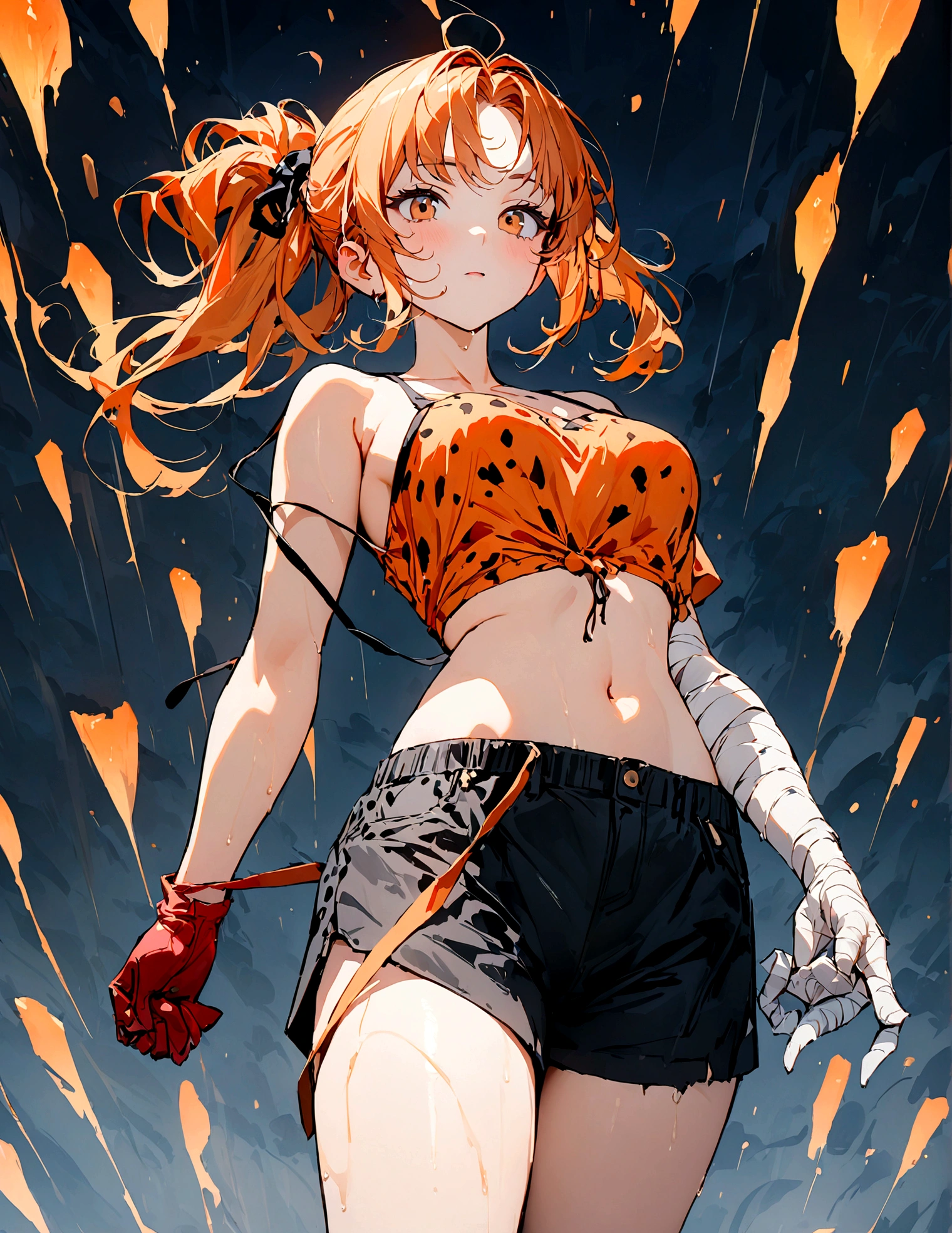((Best Quality, 8K, Masterpiece: 1.3)), 1girl, Beauty: 1.3, (Hairstyle wild Casual,) floating, meteors raining down, red crop top, black shorts, left leg is red mechanical, right arm is tied with bandages, right arm has a glove that goes till the bicep ,long hair, orange hair with blue tips, untied hair, orange hair color, Super Fine Face,