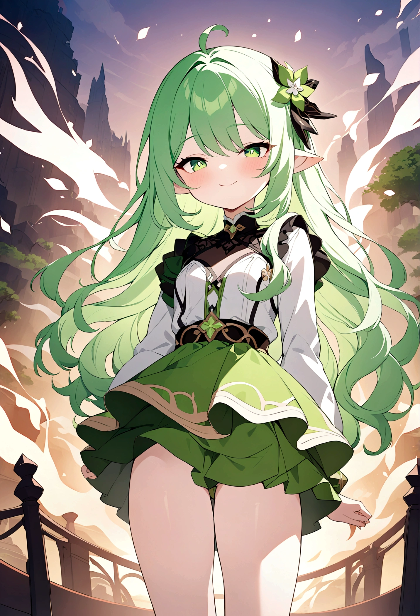 Genshin Impact,Nashida role,Girl,Green floral skirt,Naughty and cute,Pointy ears,Winking eyes,Sweet smile,Wave hello,Second Dimension,Octane Rendering,masterpiece,Highest quality,Ultimate details,8K resolution