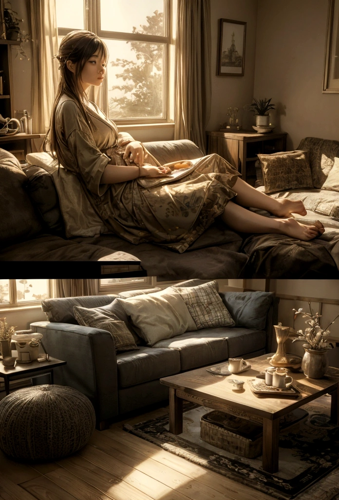 Cute Japan Girl、There is a living room with sofa and table., Cozy home background, relaxing concept art, Cozy living room background, Cinematic morning light, immensely detailed scene, Relaxing environment, Cozy place, realistic afternoon lighting, relax vibe, Highly detailed digital painting, Welcoming environment, cozy cafe background, Beautiful and cinematic lighting, detailed 2D illustration, dramatic warm morning light