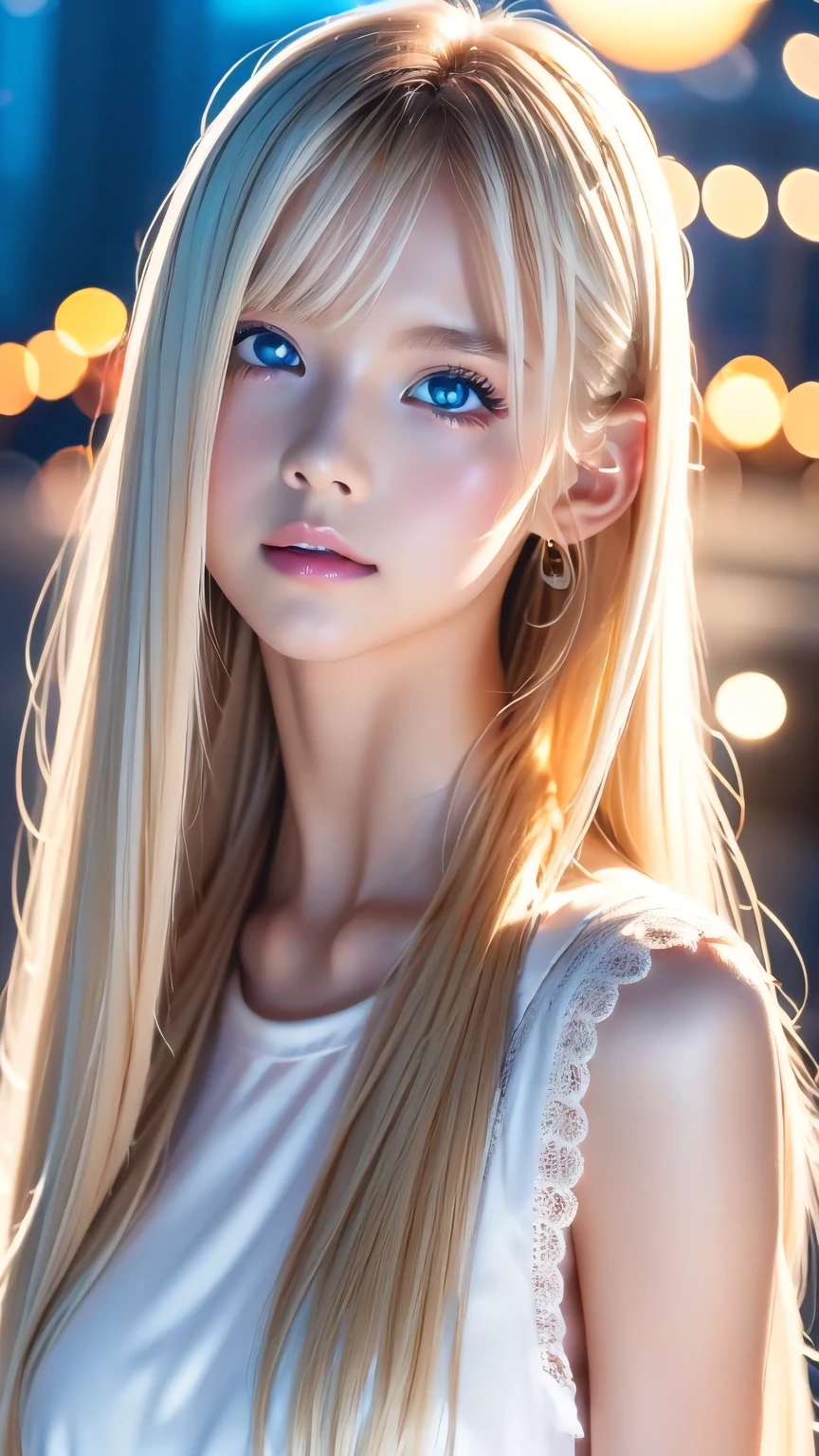 Platinum blonde fine hair、Long Straight Hair、Face and eye bangs、Big blue eyes、Transparent white and wet nightgown、Nordic youth、Perfect body、White Muscle、Shiny skin、Young and beautiful skin、Perfect beautiful little face、Bright makeup、Pale pink lips、Bright expression、1. 16-year-old girl、Buttonless shirt、lipstick、Deceptive advertising、{steams}、Viewer Vision、Golden Hour Lighting、Bokeh Atmosphere Perspective、detailed、Movie Light、Intricate details、High resolution、Detailed features of the face design、detailed、Clear Focus、Smoothness、aesthetics、printing、Octane、masterpiece、{{}}