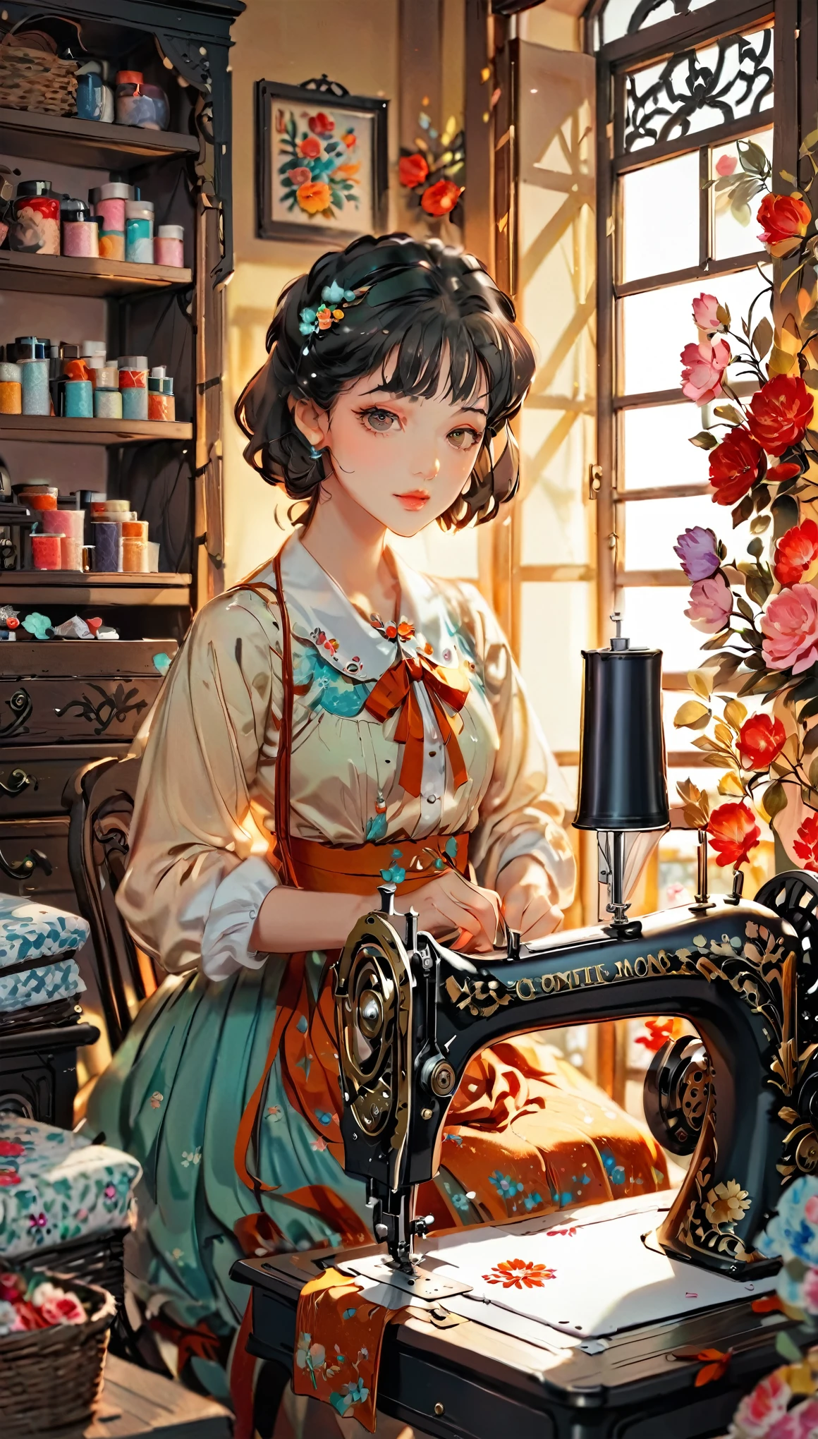 (((paper cutting style))), 1 girl, black hair, short straight hair, portfolio,, sewing with an antique sewing machine. She is dressed in vintage clothing, sitting in a cozy room filled with fabric and sewing supplies. The atmosphere should be nostalgic and warm.