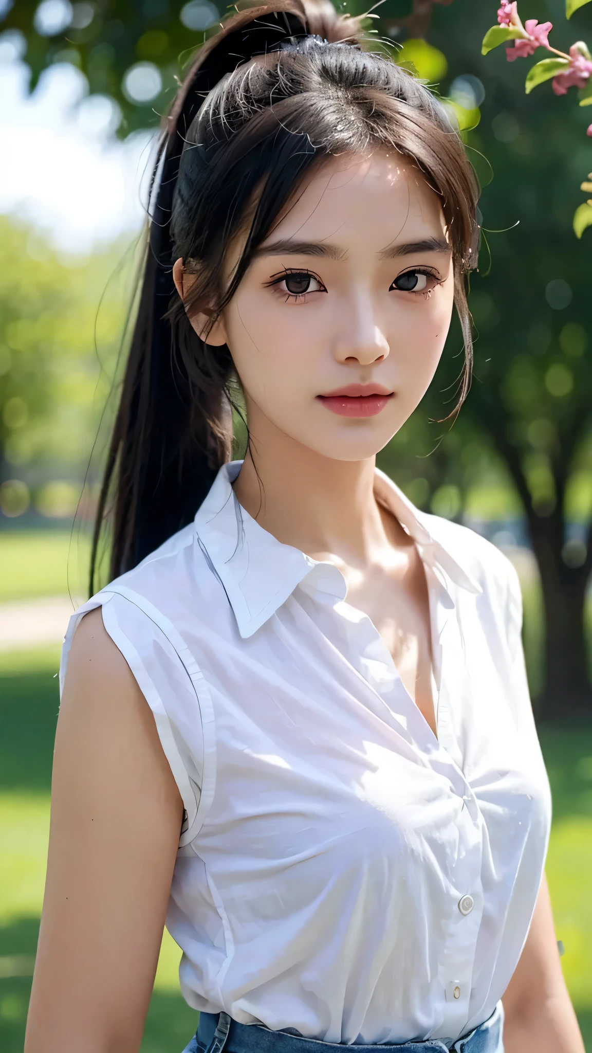 Black Bra、White collared shirt,jeans,outdoors,Urban Park,On the lawn,One woman,close up face,fully body photo,masutepiece, The highest image quality, High quality, the background is clear,Beautiful woman, Japanese, Detailed, Ultra-detailed, finely detail, hight resolution, 8K Wallpaper, Perfect dynamic composition, Beautiful detailed eyes ,Detailed eyes, Detailed skin, Beautiful skin, 超hight resolution, (reality: 1.4),Very beautiful woman, Slightly younger face, Beautiful skin, slender, (Ultra photo realsisim), (hight resolution), (8K), (Very detailed) (beautifully detailed eyes), (super detailed), (Detailed face), view the viewer, Fine details, Detailed face, Staring straight ahead, Staring straight ahead, photos realistic, Bright lighting, Professional Lighting, Black hair,poneyTail,a baby face,sixteen years old,Hairstyle: ponytail,Long ponytail hairstyle,slight smile,