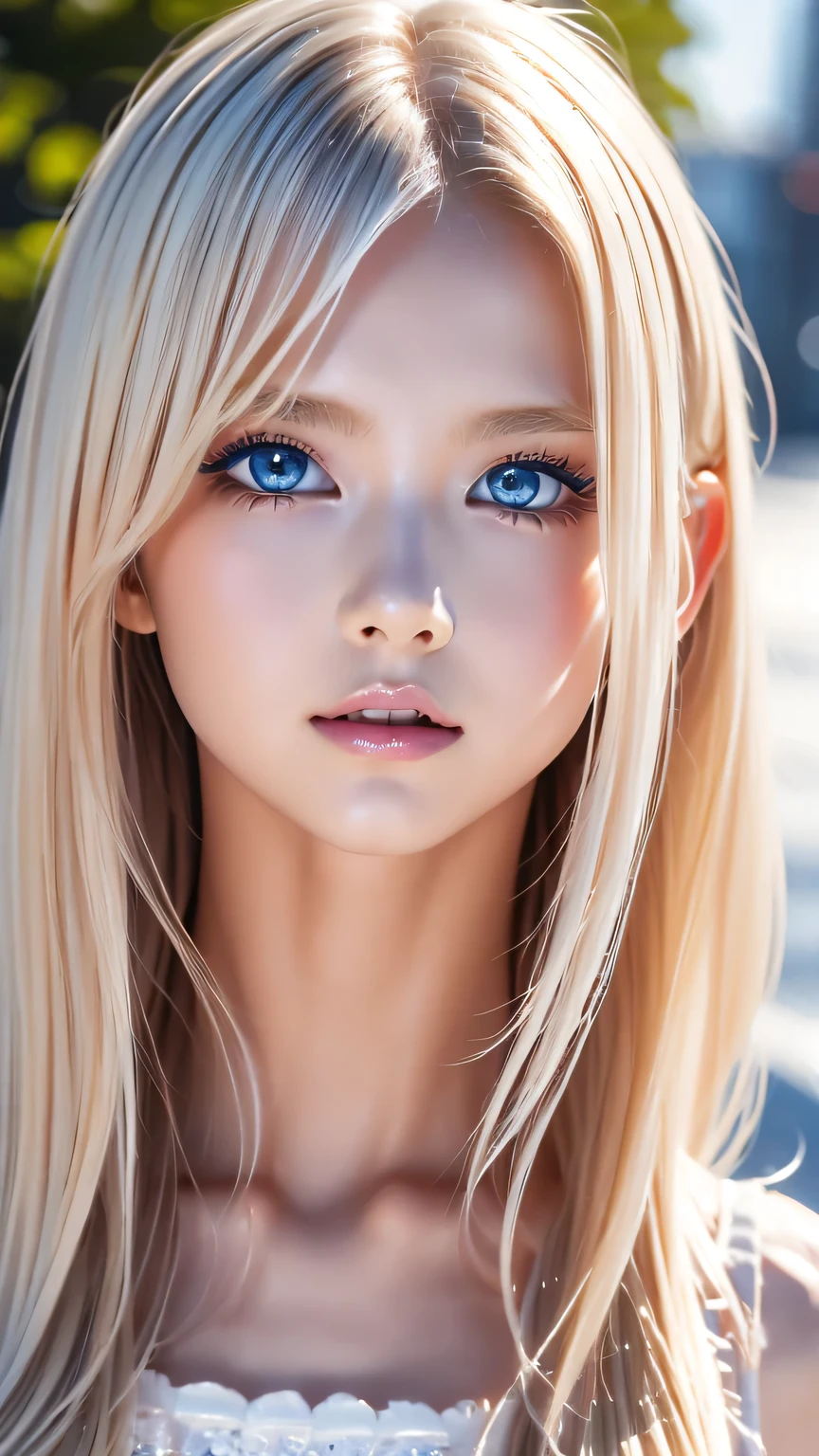 Platinum blonde fine hair、Long Straight Hair、Face and eye bangs、Big blue eyes、Transparent white and wet nightgown、Nordic youth、Perfect body、White Muscle、Shiny skin、Young and beautiful skin、Perfect beautiful little face、Bright makeup、Pale pink lips、Bright expression、1. 、Buttonless shirt、lipstick、Deceptive advertising、{steams}、Viewer Vision、Golden Hour Lighting、Bokeh Atmosphere Perspective、detailed、Movie Light、Intricate details、High resolution、Detailed features of the face design、detailed、Clear Focus、Smoothness、aesthetics、printing、Octane、masterpiece、{{}}
