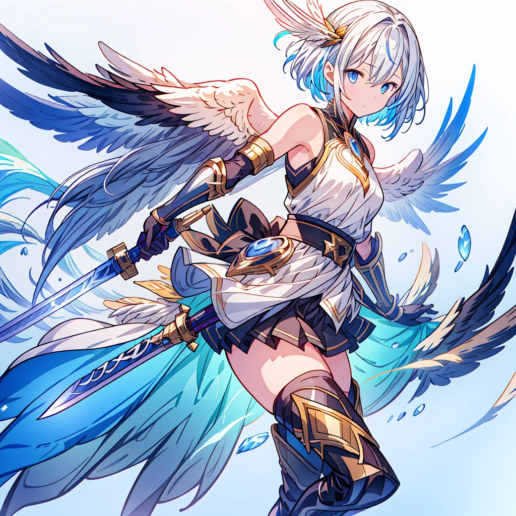 Dynamic composition、(((One girl))),One girl, alone, Milky white short hair, Magic wand, wing, Black background, sword, Knee socks, Holding, skirt, hair ornaments, gloves, boots, feathered wing, Holding 武器, feather, Two-Way, black skirt, blue eyes, black gloves, Milky hair, whole body, belt, Exposing shoulders, thigh boots, Holding sword, elbow gloves, Gauntlet, [(White Background:1.5),::5] (Isoscale:1.0), Double Exposure, bubble,
Mid Shot, whole body,masterpiece, highest quality,(colorful),(Beautifully detailed eyes and face),Cinema Lighting,Highly detailed CG Unity 8k wallpaper、Super huge、whole body、