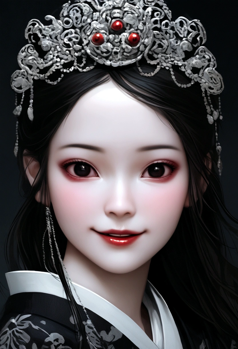 Reminiscent of Minami Hamabe、Long black hair and wearing a kimono、The woman with a terrifying smile、Reproduced in a realistic and detailed style.。