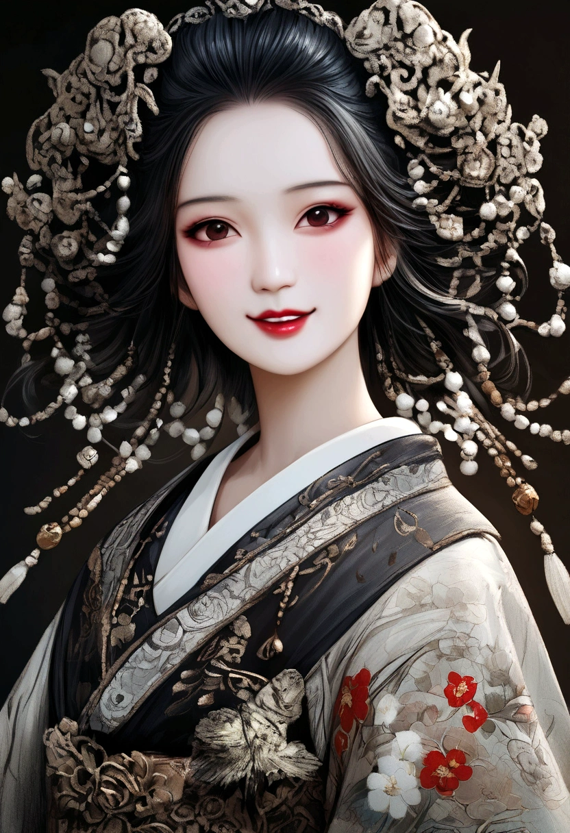 Reminiscent of Minami Hamabe、Long black hair and wearing a kimono、The woman with a terrifying smile、Reproduced in a realistic and detailed style.。