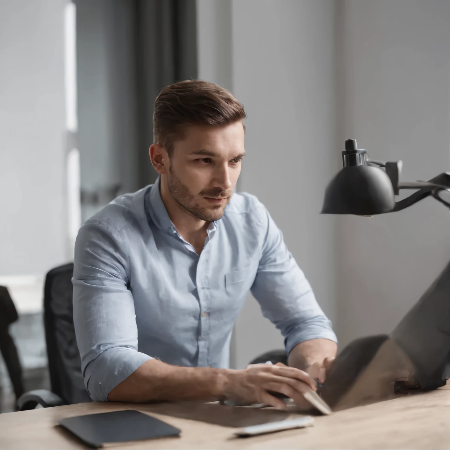 il y a un homme assis à une table avec un ordinateur portable, travailler sur un ordinateur portable à un bureau, in front of a ordinateur, sitting at a ordinateur, sitting in front of ordinateur, taper sur un ordinateur portable, sitting at a ordinateur desk, assis au bureau au clavier, ordinateur, advanced technology, Image de l'annonce, professionnel, avec un ordinateur portable sur ses genoux, Anime style, cinematic ,chef-d'artwork, Dégradé de couleurs