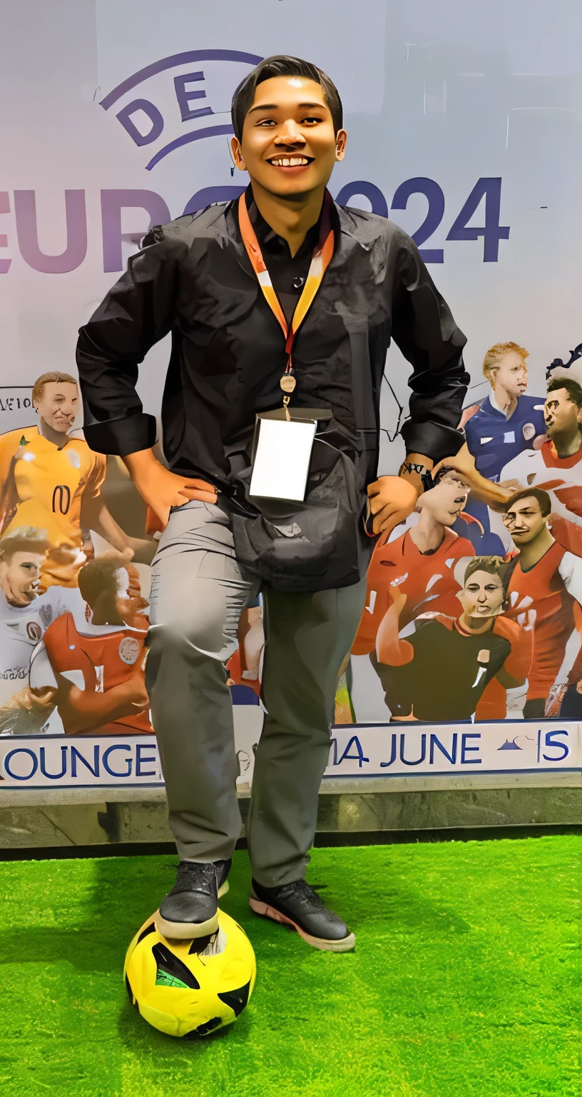 "A 20 year old young Indonesian man was standing in front of a UEFA EURO 2024 themed backdrop, wearing a black shirt and gray trousers. He was wearing a lanyard with an identity card hanging around his neck and a black sling bag on his body. The man smiled broadly and put one feet on a yellow and green soccer ball. The background shows images of several famous soccer players in action poses."