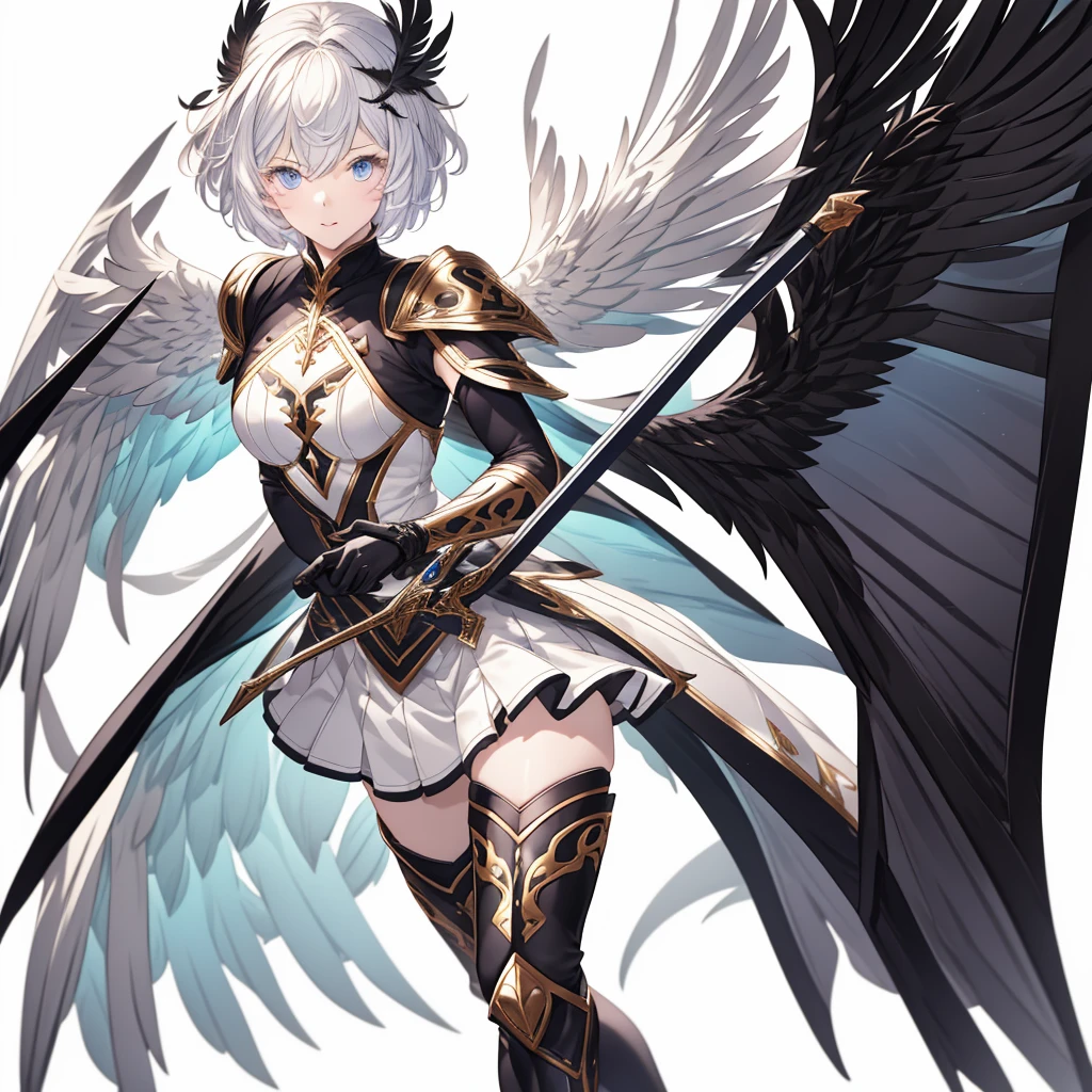 Dynamic composition、(((One girl))),One girl, alone, Milky white short hair, Magic wand, wing, Black background, sword, Knee socks, Holding, skirt, hair ornaments, gloves, boots, feathered wing, Holding 武器, feather, Two-Way, black skirt, blue eyes, black gloves, Milky hair, whole body, belt, Exposing shoulders, thigh boots, Holding sword, elbow gloves, Gauntlet, [(White Background:1.5),::5] (Isoscale:1.0), Double Exposure, bubble,
Mid Shot, whole body,masterpiece, highest quality,(colorful),(Beautifully detailed eyes and face),Cinema Lighting,Highly detailed CG Unity 8k wallpaper、Super huge、whole body、