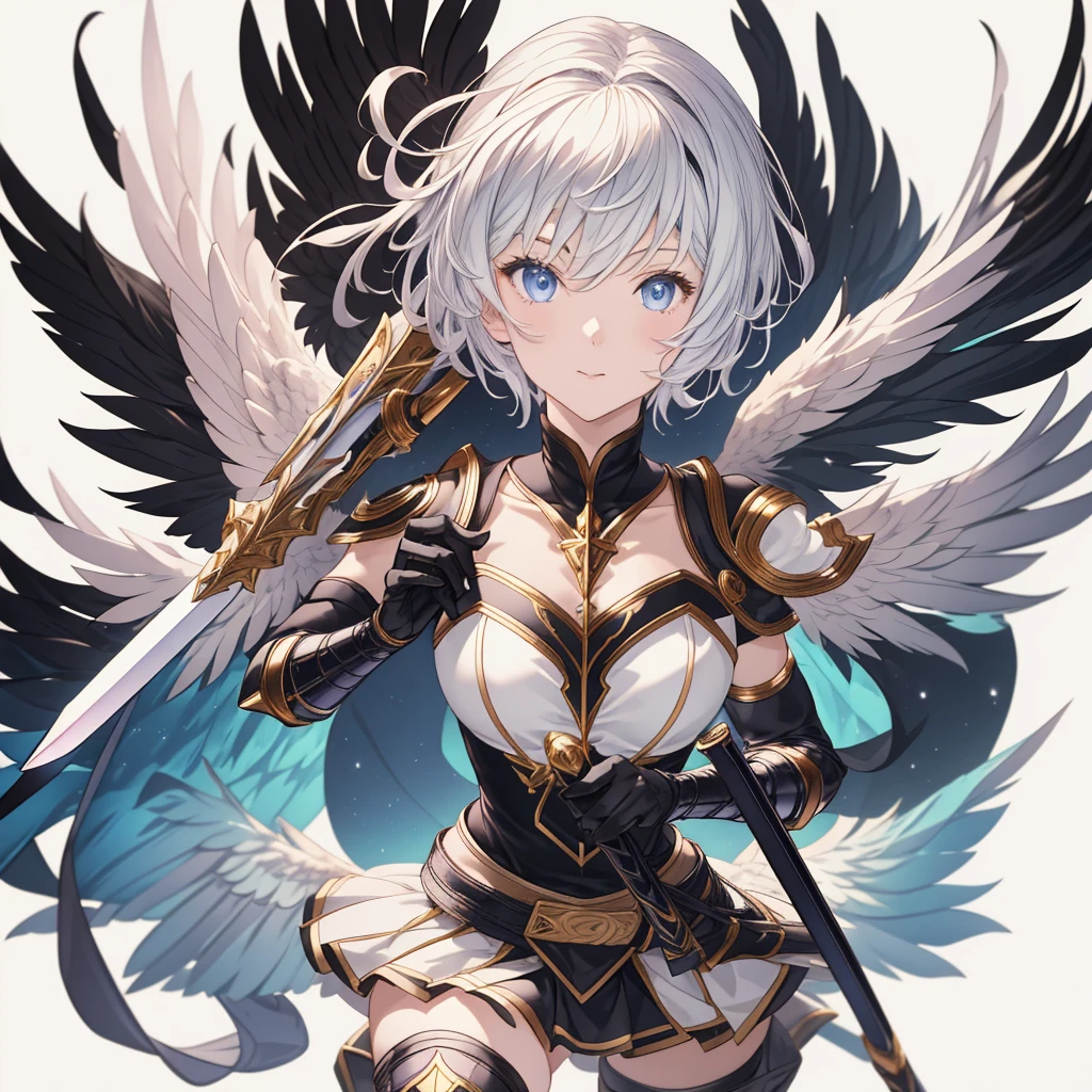 Dynamic composition、(((One girl))),One girl, alone, Milky white short hair, Magic wand, wing, Black background, sword, Knee socks, Holding, skirt, hair ornaments, gloves, boots, feathered wing, Holding 武器, feather, Two-Way, black skirt, blue eyes, black gloves, Milky hair, whole body, belt, Exposing shoulders, thigh boots, Holding sword, elbow gloves, Gauntlet, [(White Background:1.5),::5] (Isoscale:1.0), Double Exposure, bubble,
Mid Shot, whole body,masterpiece, highest quality,(colorful),(Beautifully detailed eyes and face),Cinema Lighting,Highly detailed CG Unity 8k wallpaper、Super huge、whole body、