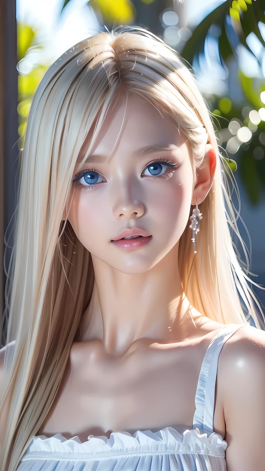 Platinum blonde fine hair、Long Straight Hair、Face and eye bangs、Big blue eyes、Transparent white and wet nightgown、Nordic youth、Perfect body、White Muscle、Shiny skin、Young and beautiful skin、Perfect beautiful little face、Bright makeup、Pale pink lips、Bright expression、1. 16-year-old girl、Buttonless shirt、lipstick、Deceptive advertising、{steams}、Viewer Vision、Golden Hour Lighting、Bokeh Atmosphere Perspective、detailed、Movie Light、Intricate details、High resolution、Detailed features of the face design、detailed、Clear Focus、Smoothness、aesthetics、printing、Octane、masterpiece、{{}}